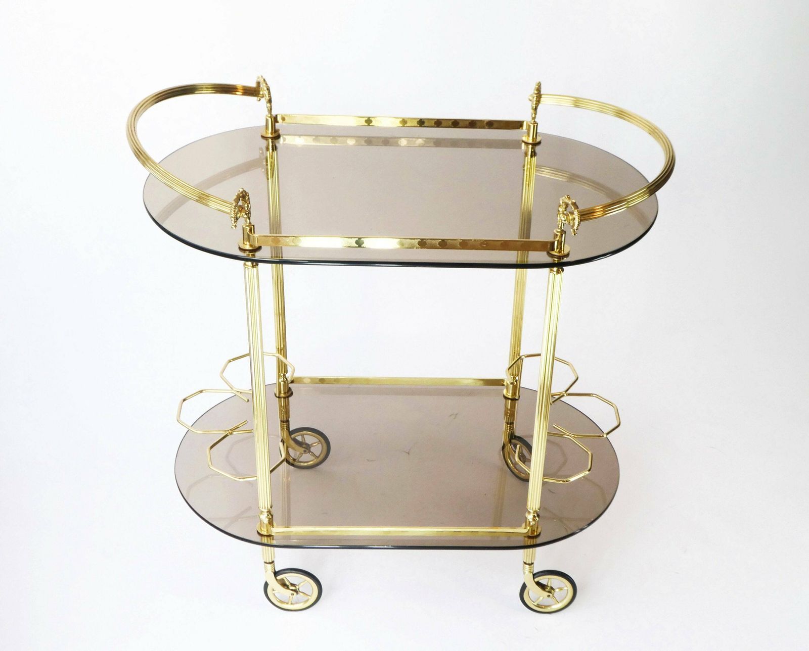 Vintage Unique Neoclassical Oval Brass Bar Cart, 1960's Ornate Trolley With Smoked Glass, Hollywood Regency Cocktail Cart, Tea Cart photo furniture