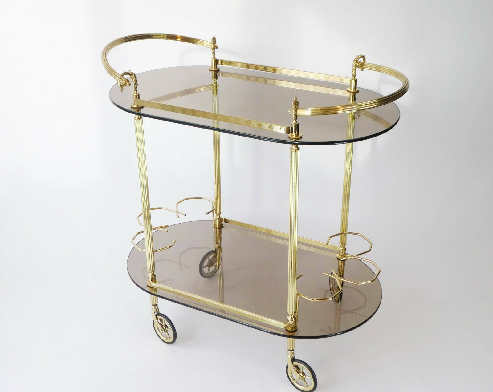 Vintage Unique Neoclassical Oval Brass Bar Cart, 1960's Ornate Trolley With Smoked Glass, Hollywood Regency Cocktail Cart, Tea Cart photo for sale