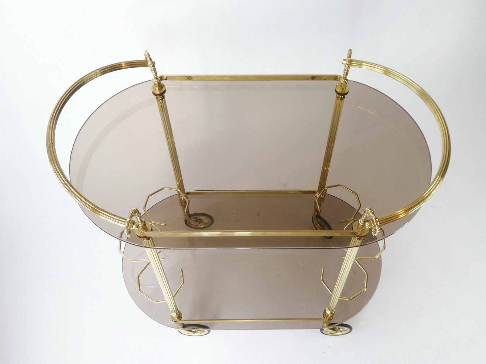 Vintage Unique Neoclassical Oval Brass Bar Cart, 1960's Ornate Trolley With Smoked Glass, Hollywood Regency Cocktail Cart, Tea Cart photo 747.0