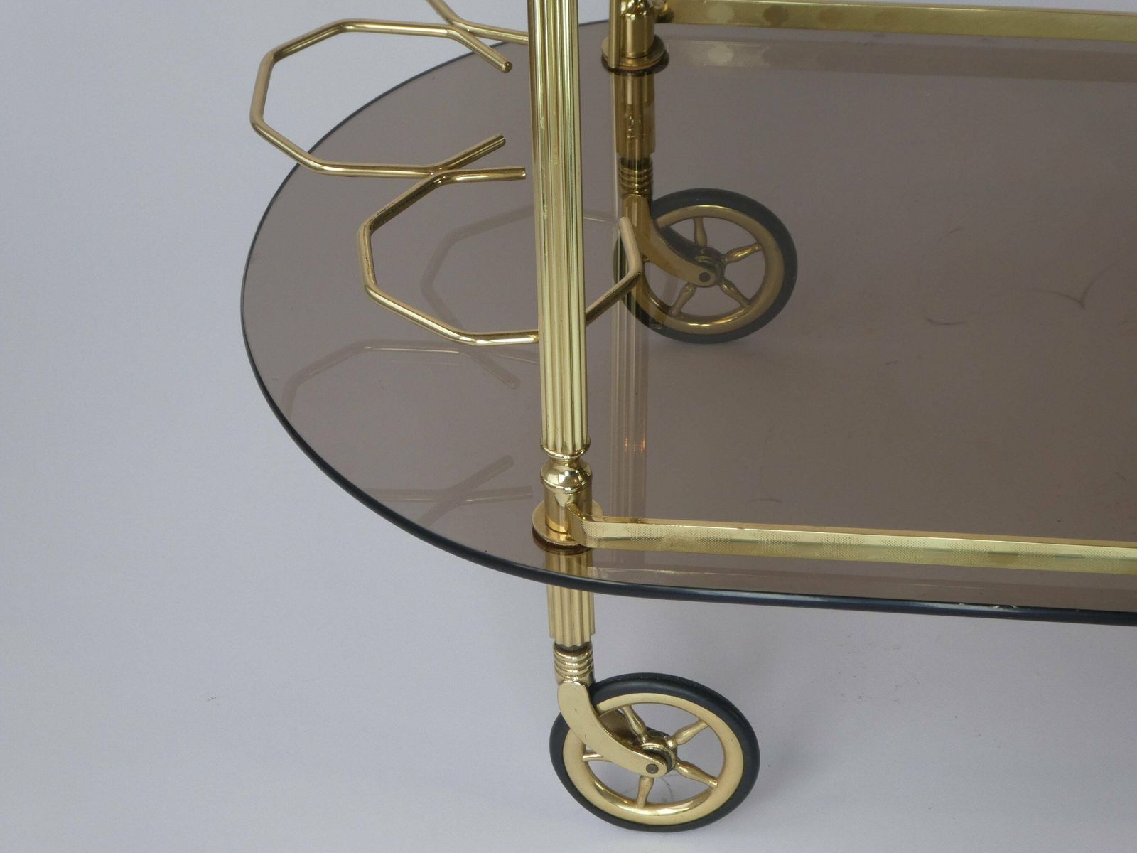 Vintage Unique Neoclassical Oval Brass Bar Cart, 1960's Ornate Trolley With Smoked Glass, Hollywood Regency Cocktail Cart, Tea Cart photo buy