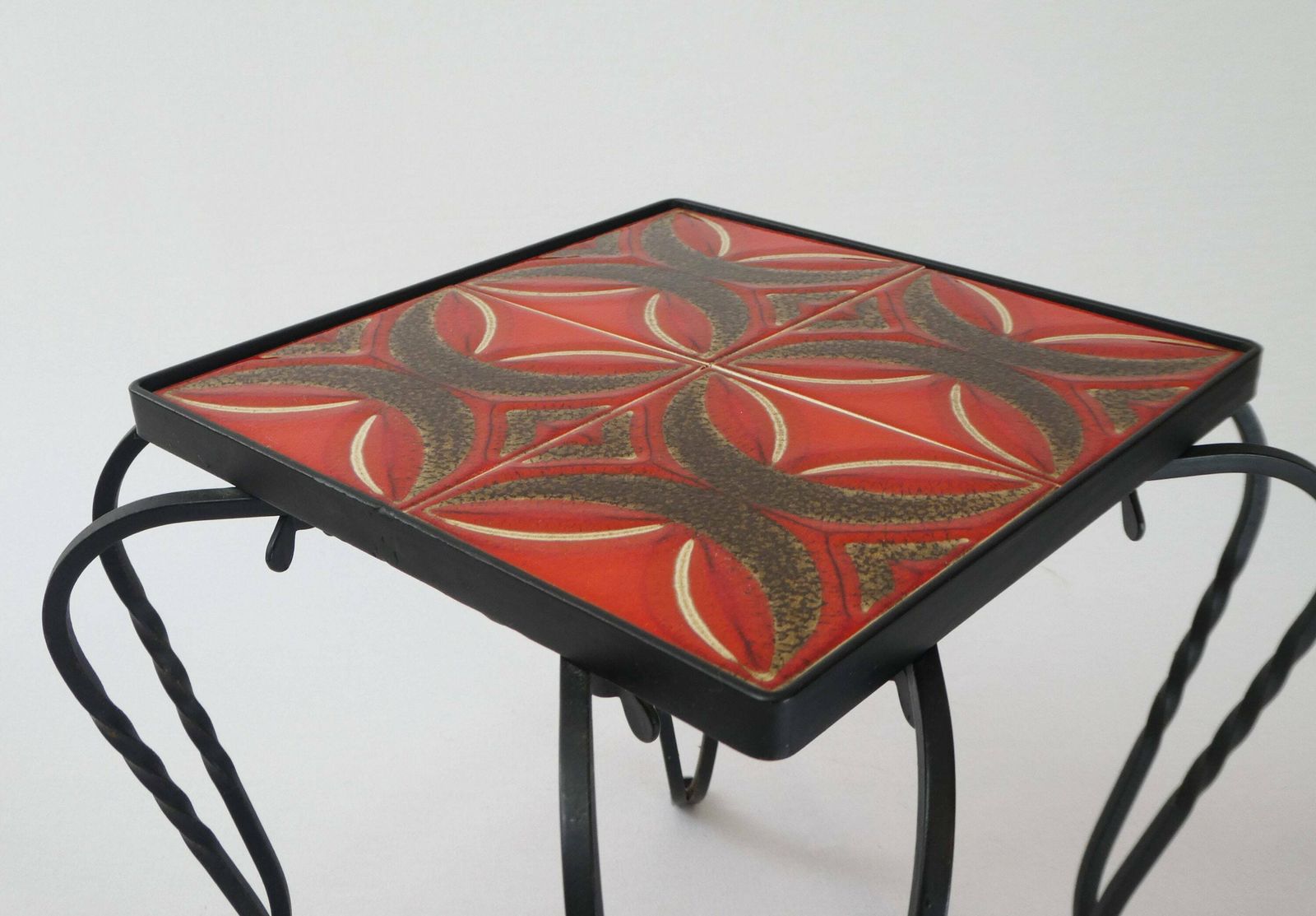 Mid Century Metal Small Square Plant Stand With Red Lava Ceramic Tiles, Vintage West Germany Iron Side Table photo for sale