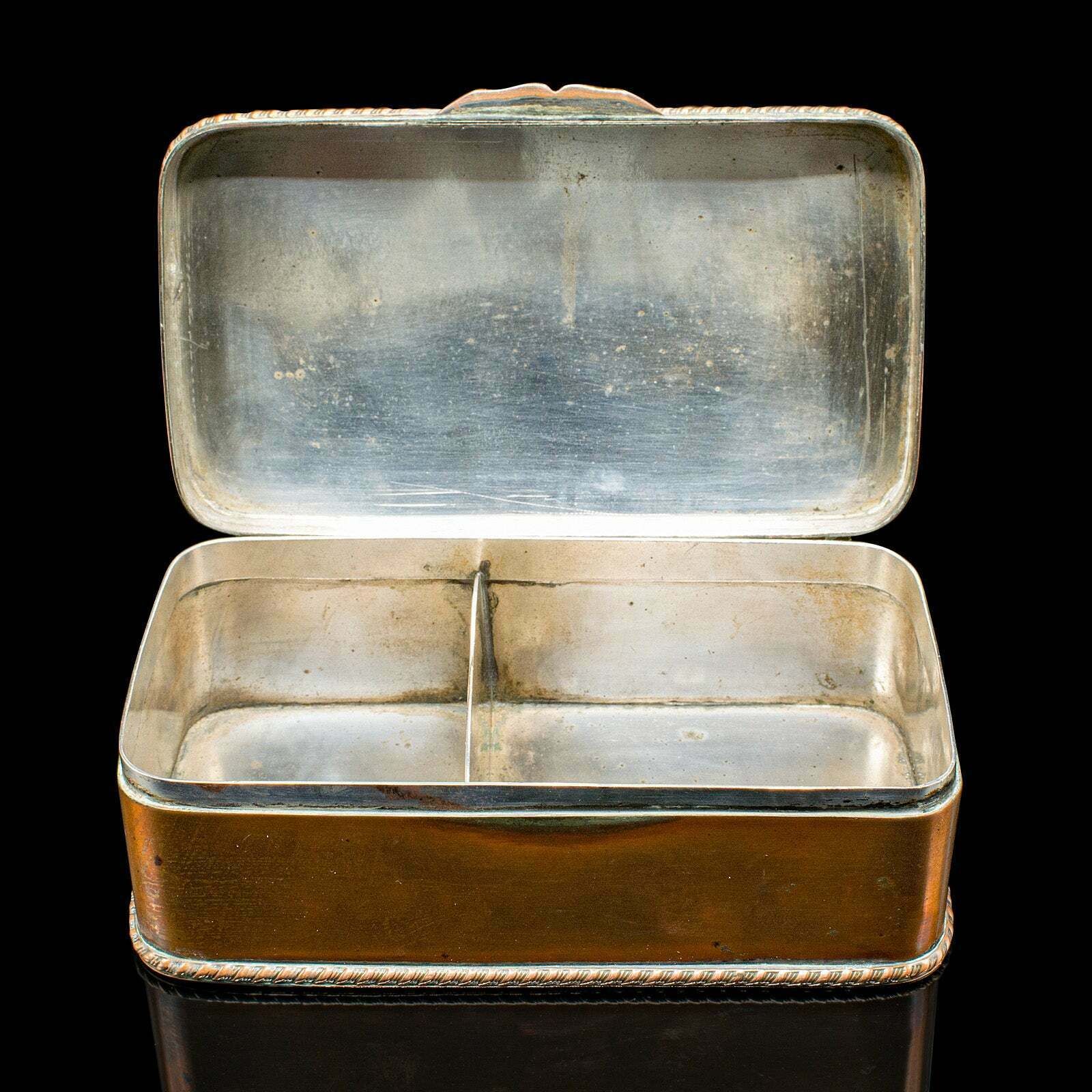 Small Antique Tobacco Tin, English, Copper, Silver Plate, Lidded Box, Edwardian photo buy
