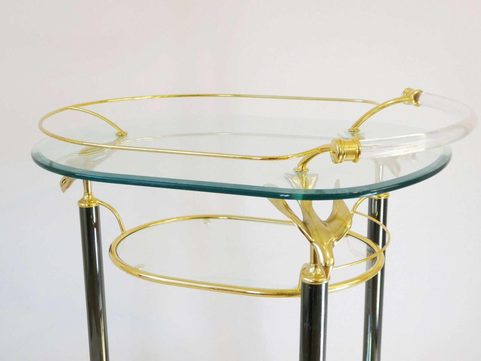 Stunning Italian Bar Cart With Three Tiers And Brass Birds, 70's Unique Trolley With A Mirror Tray And Plexiglass Handle photo Furniture