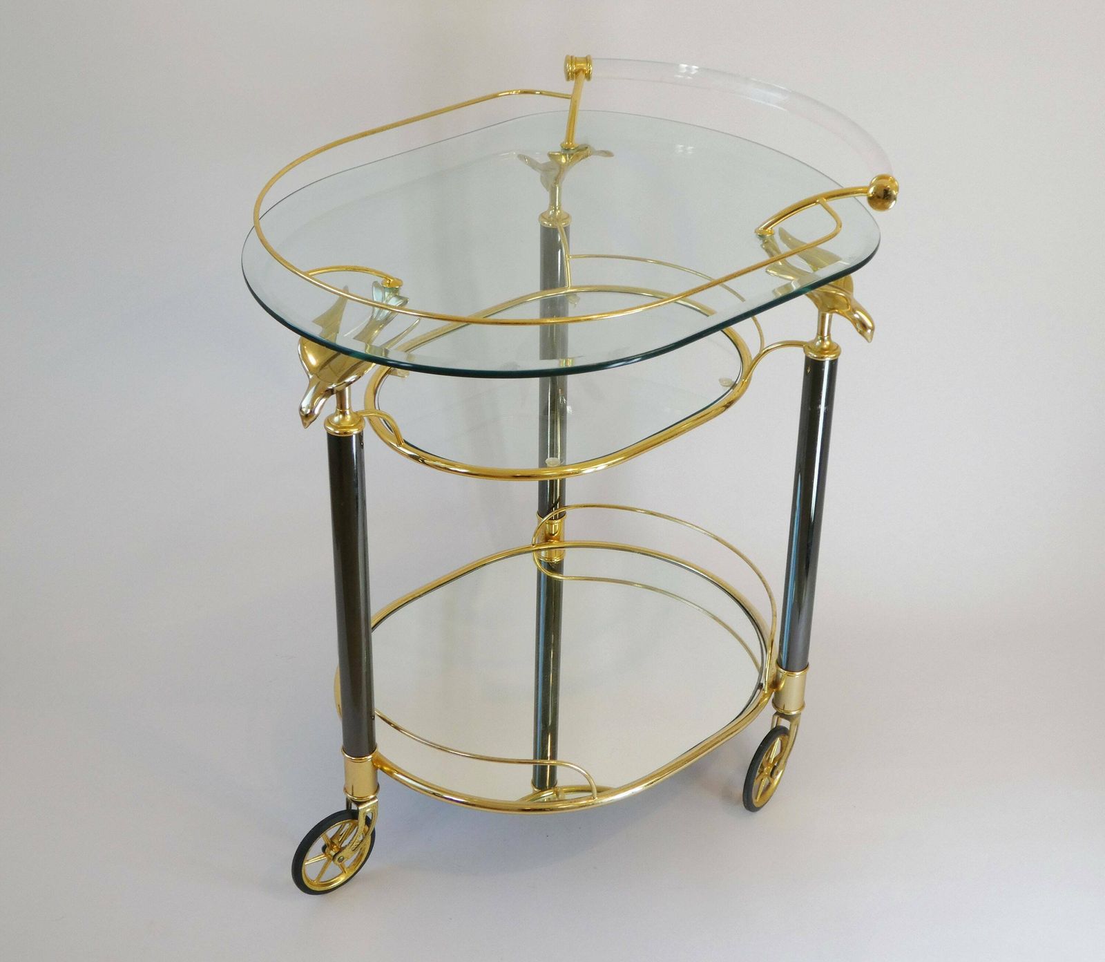 Stunning Italian Bar Cart With Three Tiers And Brass Birds, 70's Unique Trolley With A Mirror Tray And Plexiglass Handle photo vinterior