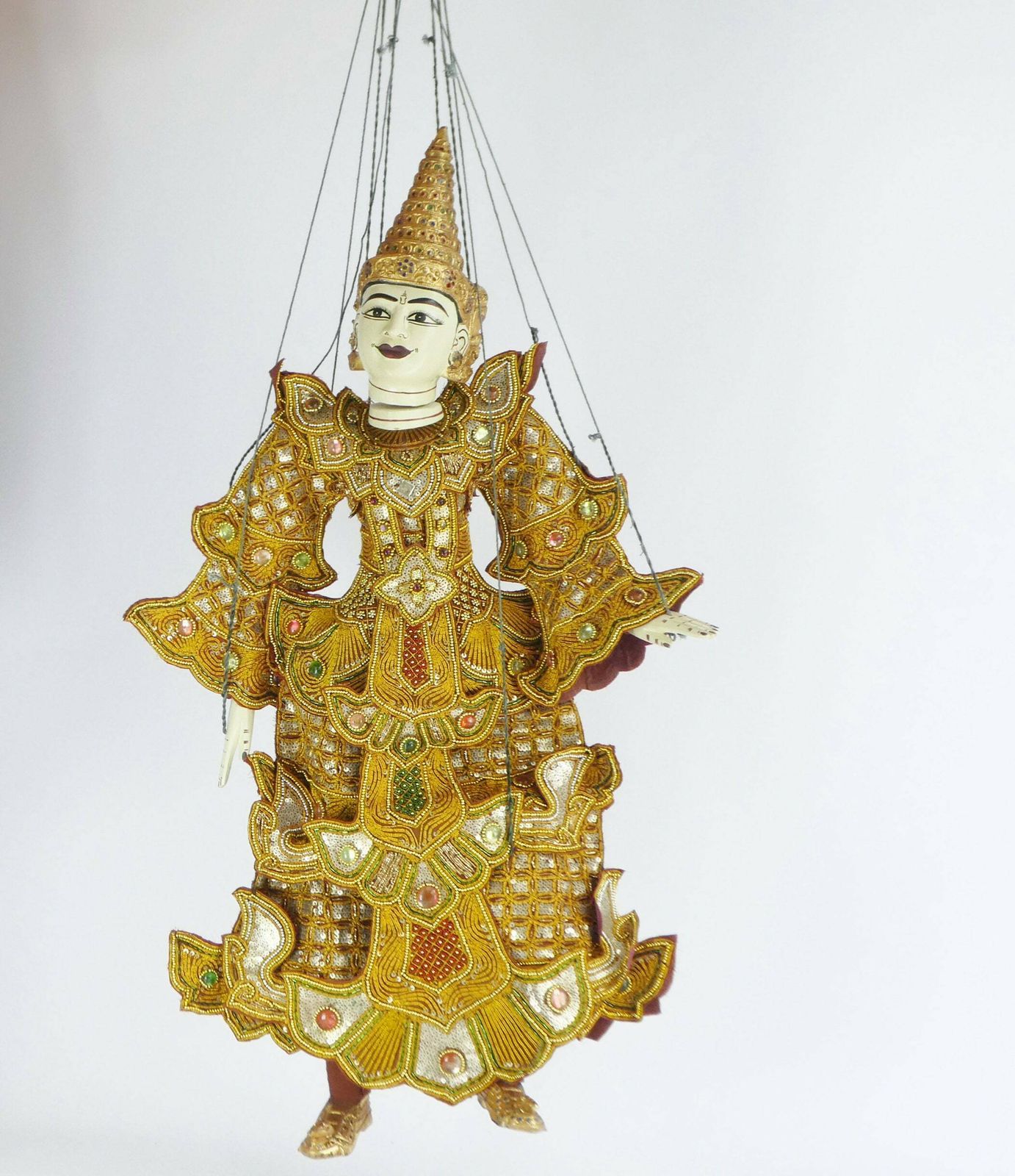 Large Handcrafted Vintage Asian Puppet With Stunning Clothing With Beads And Sequins, Large Burmese Marionette 39” photo for sale