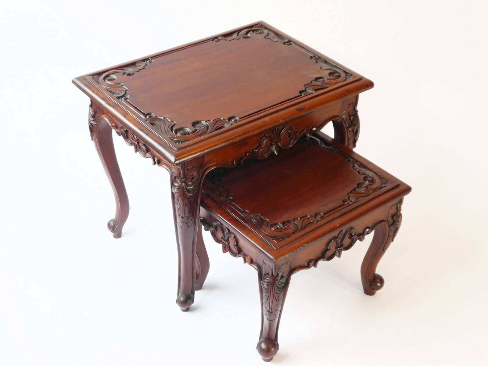 Vintage Asian Carved Wooden Nesting Tables, Chinese Side Tables With Floral Design photo furniture