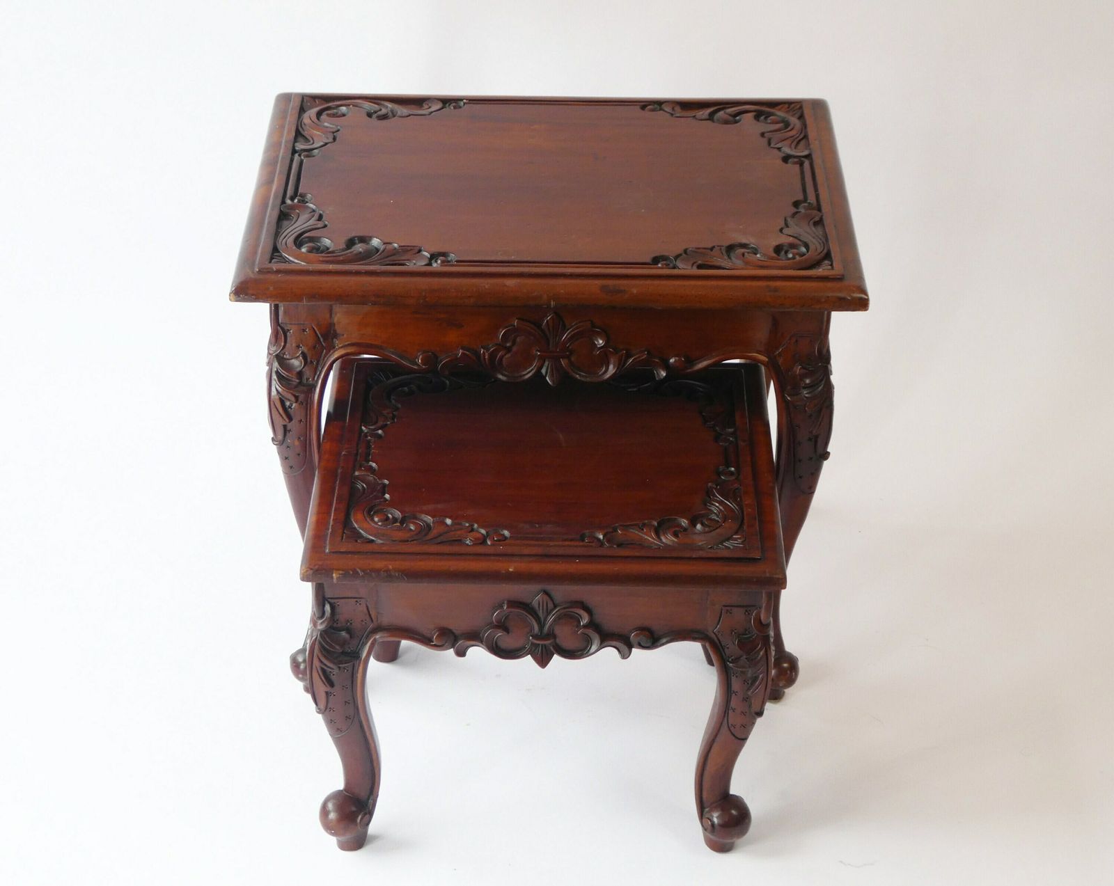 Vintage Asian Carved Wooden Nesting Tables, Chinese Side Tables With Floral Design photo Furniture