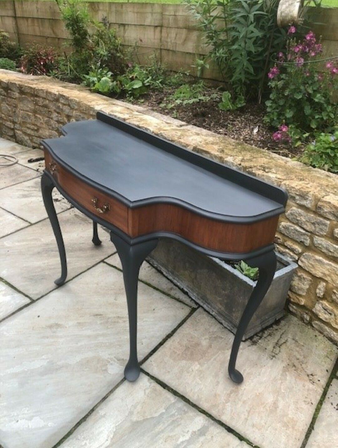 Vintage Wooden Console Painted In Black Ash With Natural Wood Band Around It, Beautifully Finished photo vintage