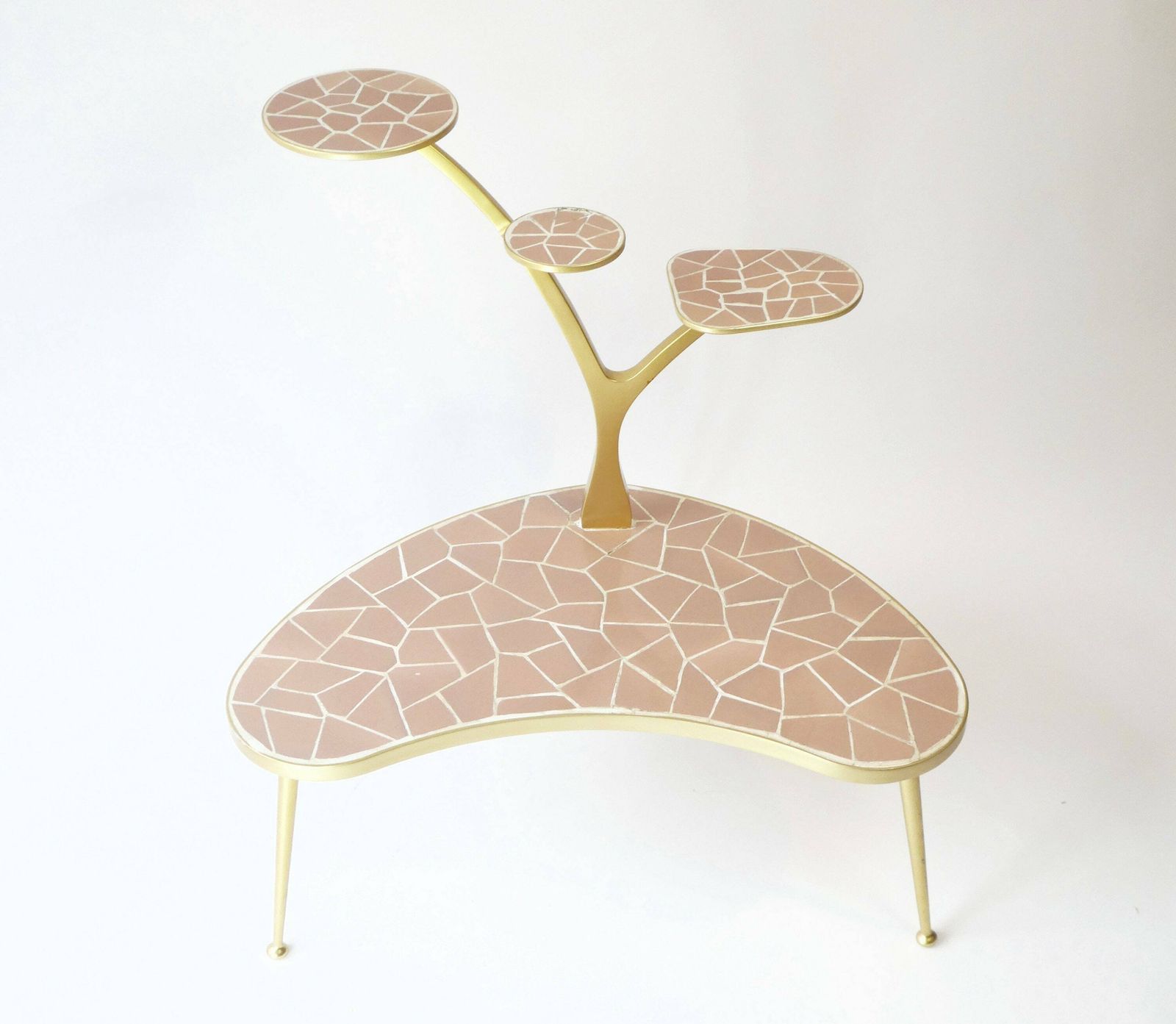 Rare Mid Century Pink Plant Stand With Ceramic Tiles And Golden Rim, Vintage German Side Flower Table, Atomic Kindey Table