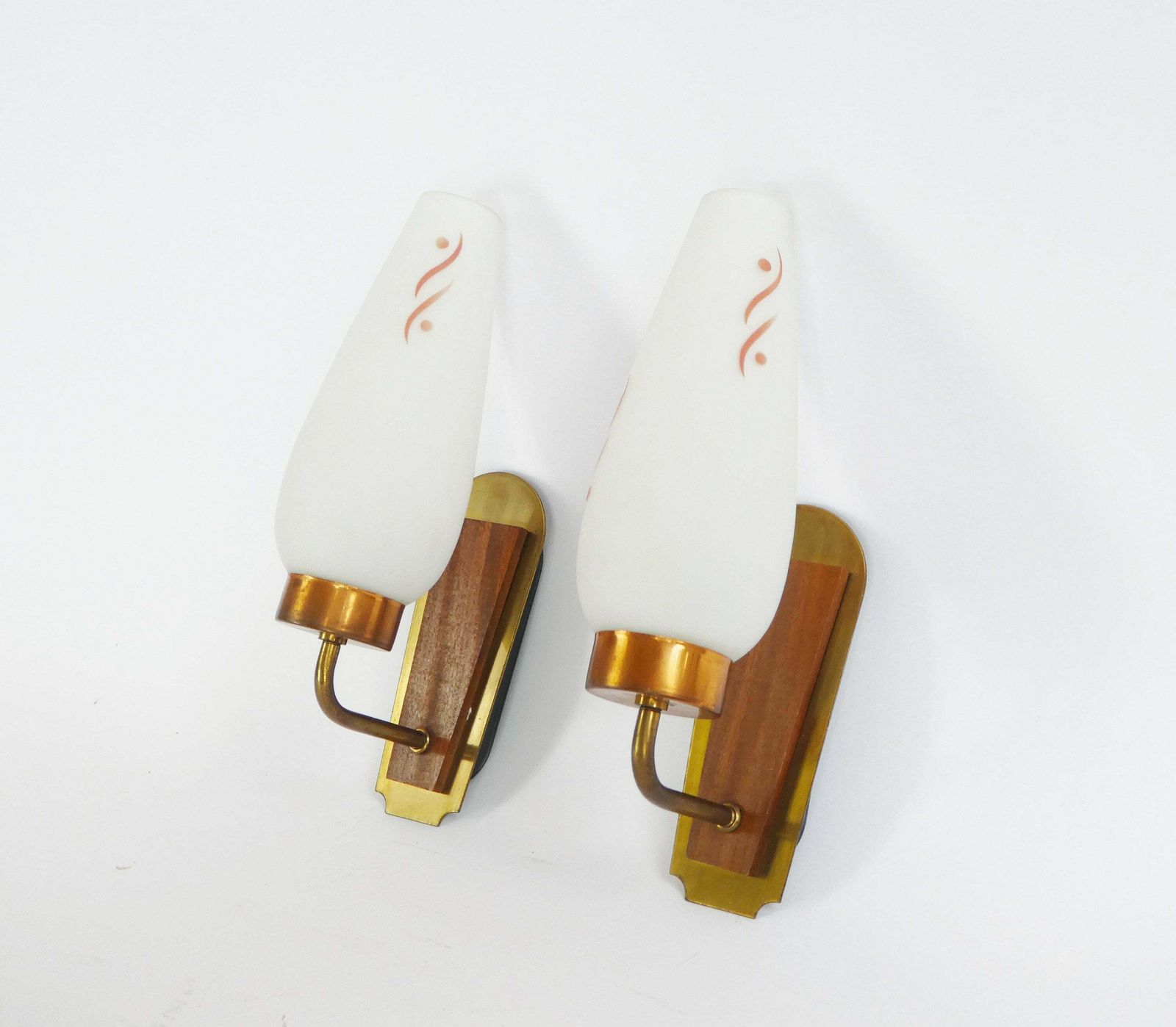 Scandinavian Design Mid Century Lamps With Glass Shade And Wood With Brass Details, Original Vintage Set Of Wall Lights, Glass 60's Lighting