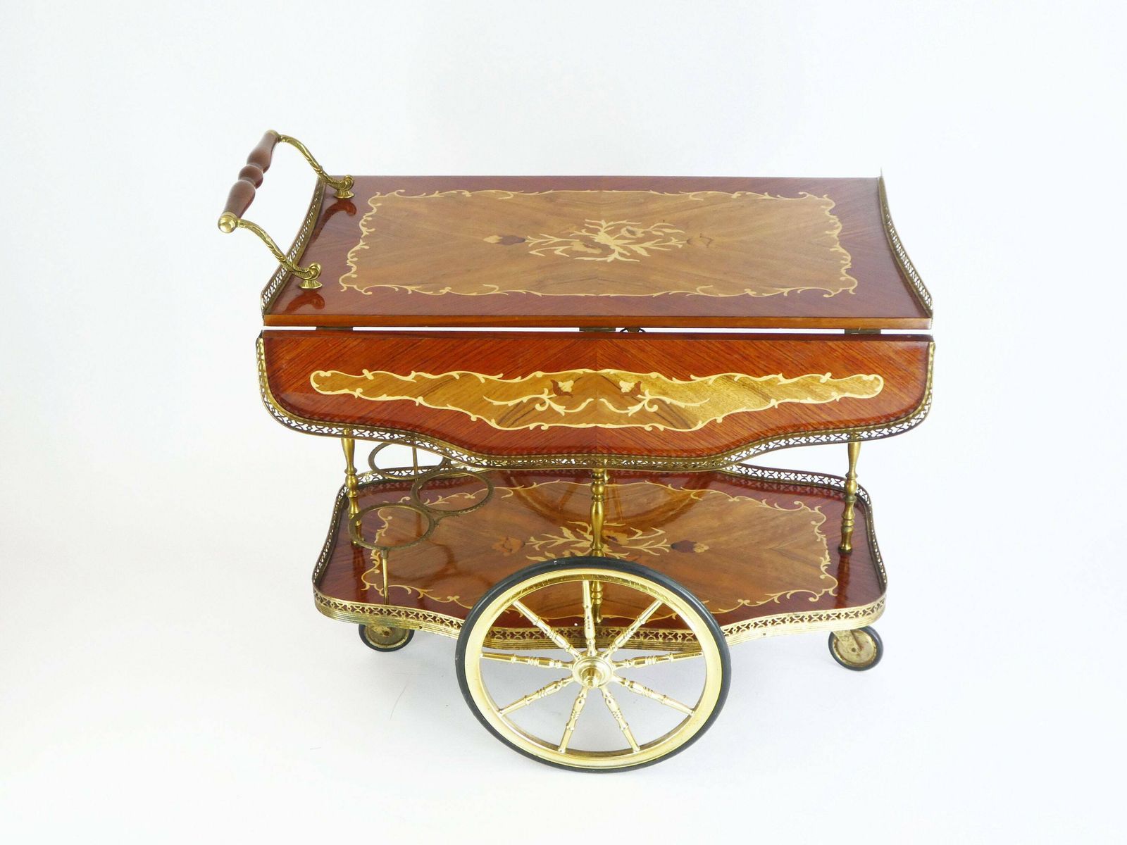 Italian Vintage Bar Cart Beautiful Inlaid Marquetry, Hollywood Regency Tea Cocktail Trolley, Serving Table Brass