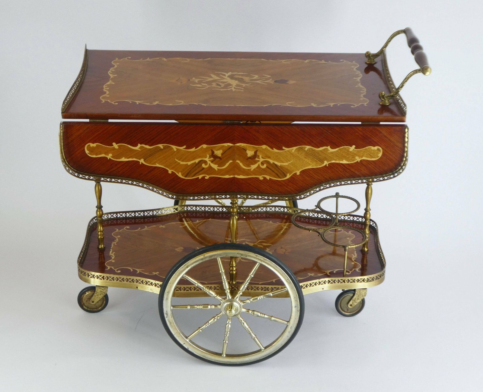 Italian Vintage Bar Cart Beautiful Inlaid Marquetry, Hollywood Regency Tea Cocktail Trolley, Serving Table Brass photo furniture