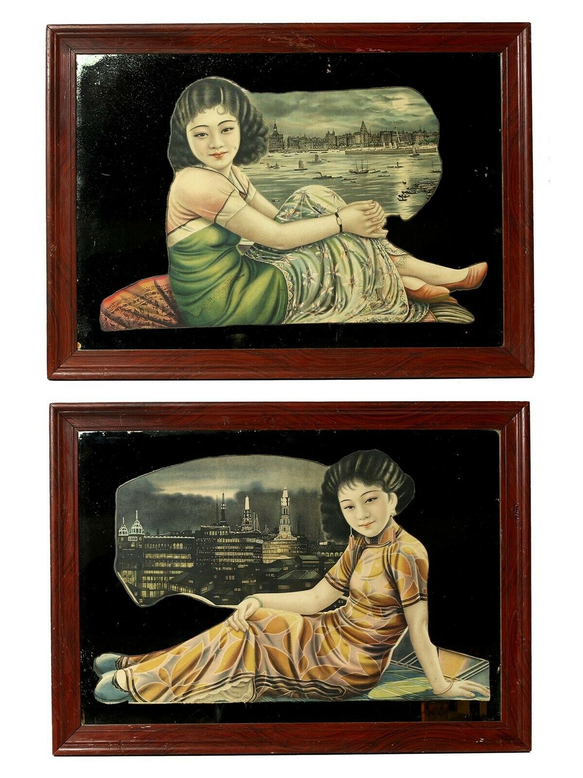 Pair Of 1930's Mirrors With Shanghai 'Beauties'