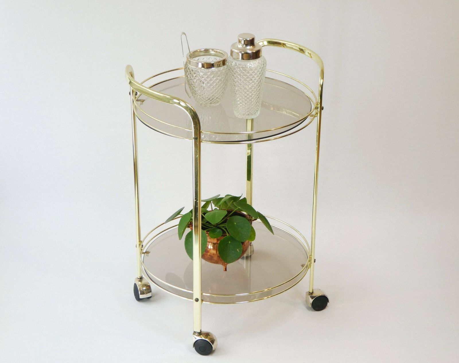 Bar Cart Hollywood Regency Round Trolley With Smoked Glass, Vintage Brass 2 Tier Serving Cart, Brass Table, Gold Cocktail Trolley