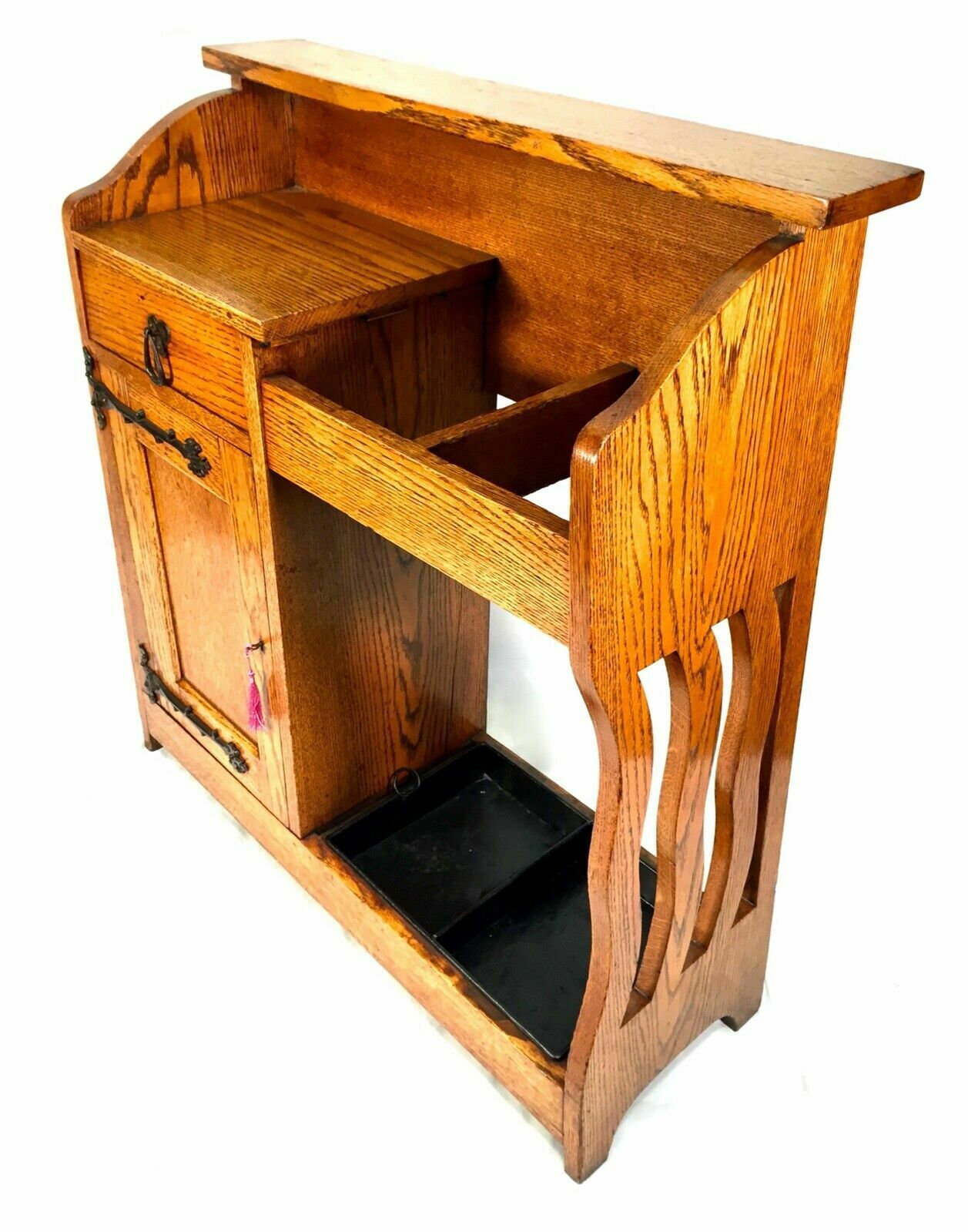 Antique Arts & Crafts Oak Entrance Hall Storage Cupboard Umbrella Stand C.1920 photo for sale