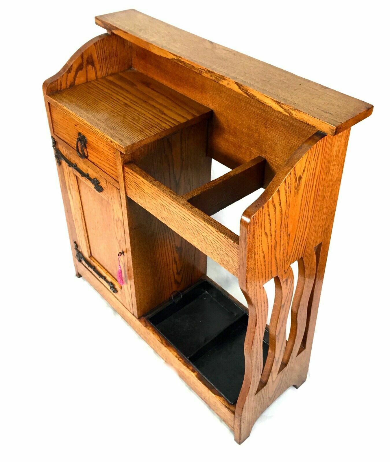 photo furniture Antique Arts & Crafts Oak Entrance Hall Storage Cupboard Umbrella Stand C.1920
