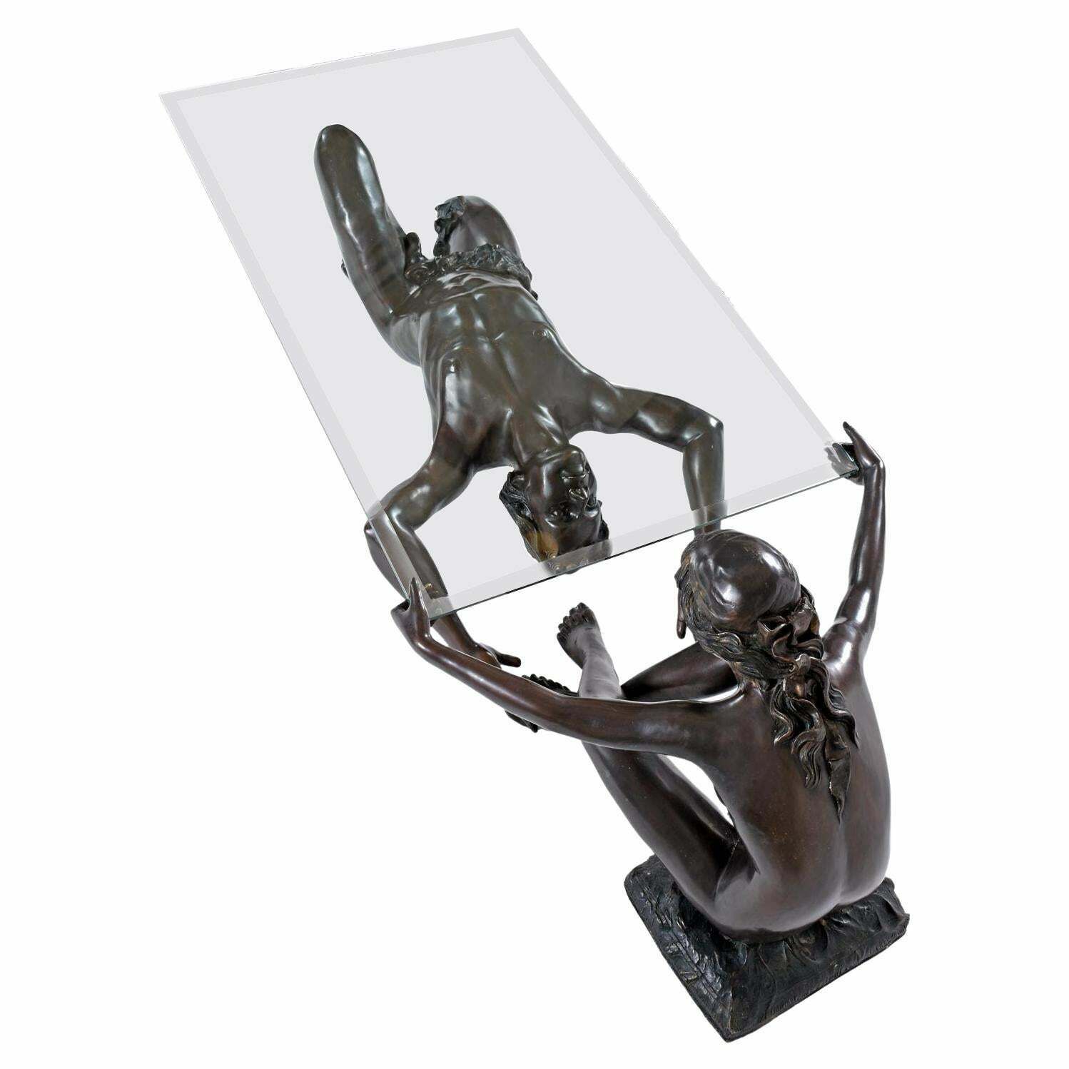 C. Conndray Bronze Figural Art Nouveau Sculpture Coffee Table With Glass Top