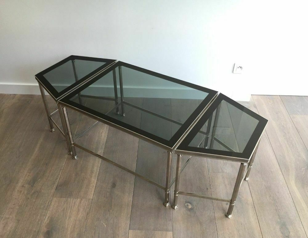 Rare Tripartite Nickel Coffee Table With Lacquered Glass Tops Around The Edge photo for sale