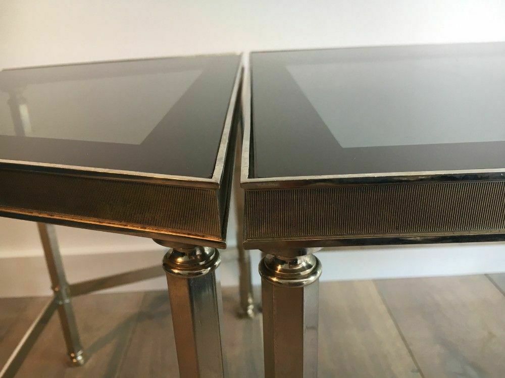 Rare Tripartite Nickel Coffee Table With Lacquered Glass Tops Around The Edge photo vinterior