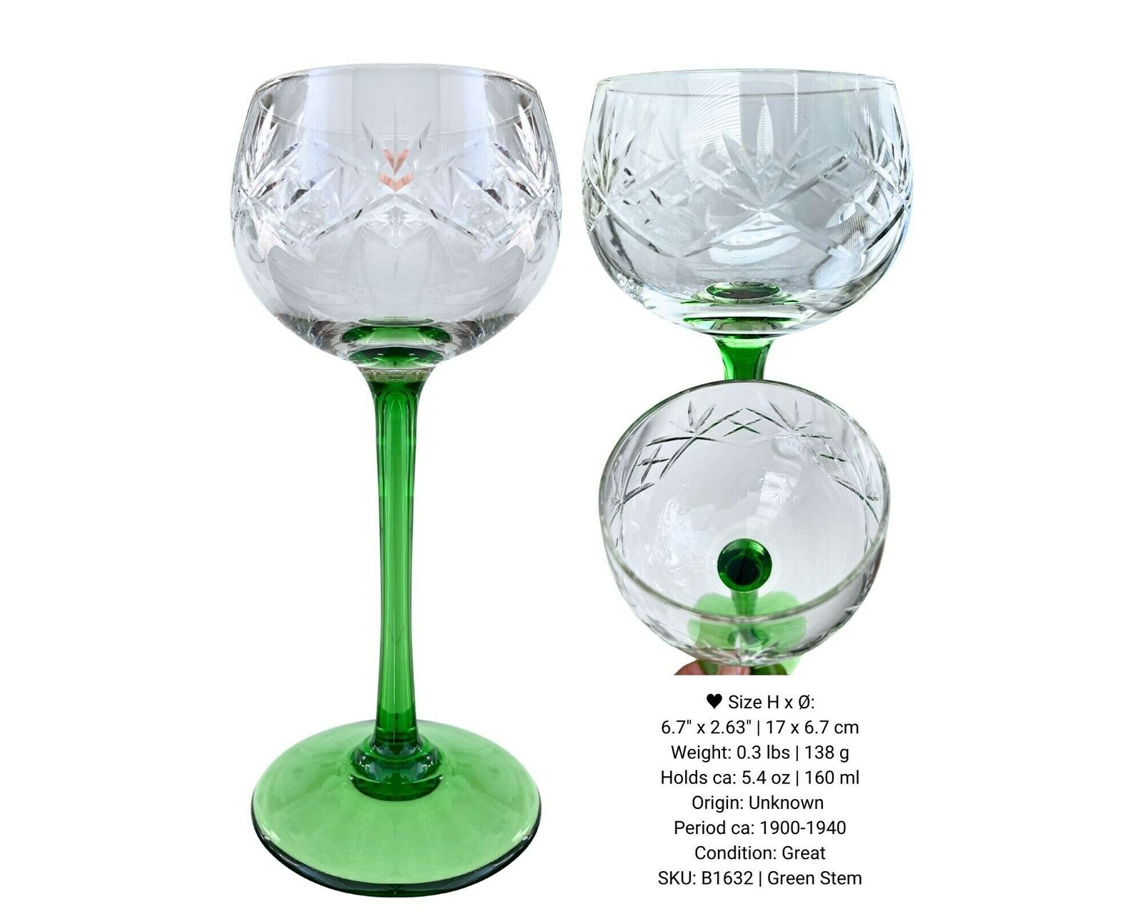 Crystal Wine Glasses | 6pcs | French Antique | Green Stem Cut Bowl photo furniture