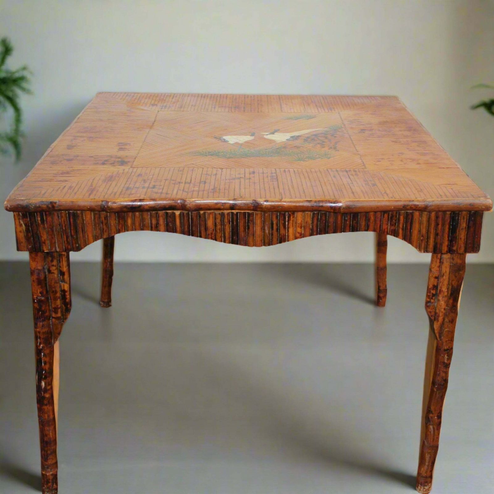 Antique Chinoiserie Style Bamboo Rattan Card Table (Circa 1910)
