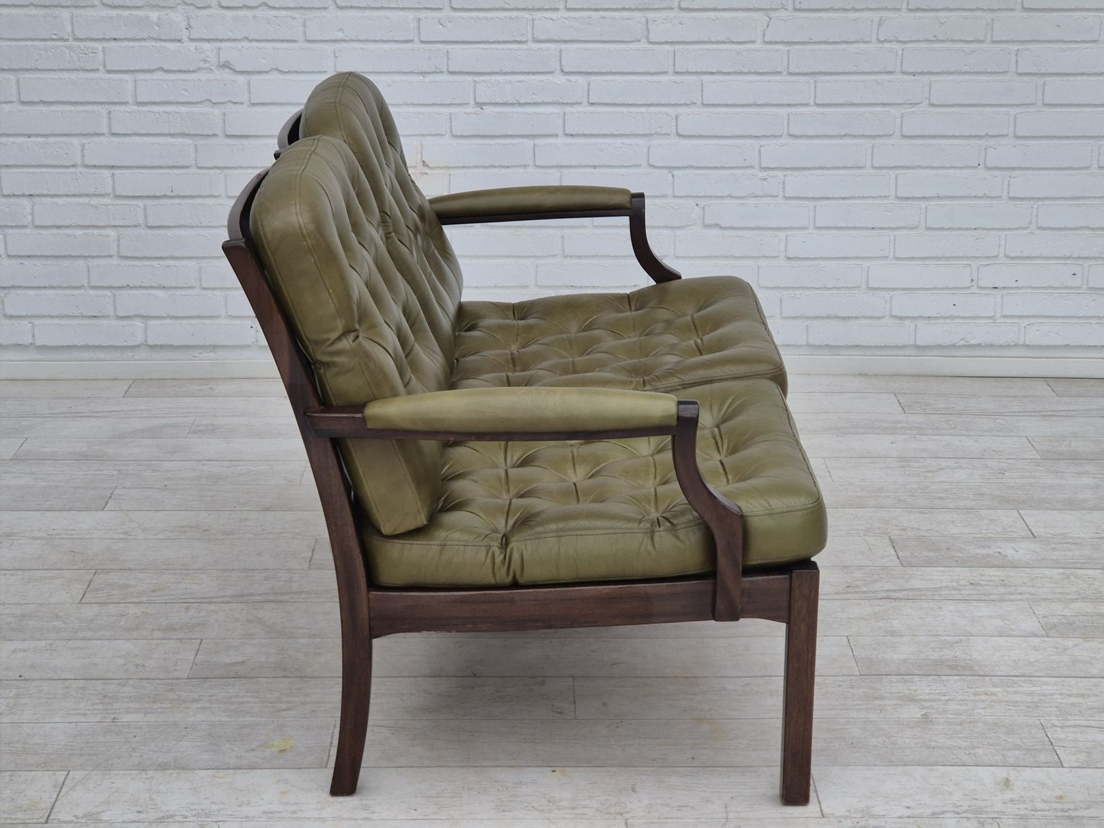 1970s, Scandinavian 2 Seater Sofa In Original Condition, Green Furniture Leather, Solid Teak Wood. photo for sale