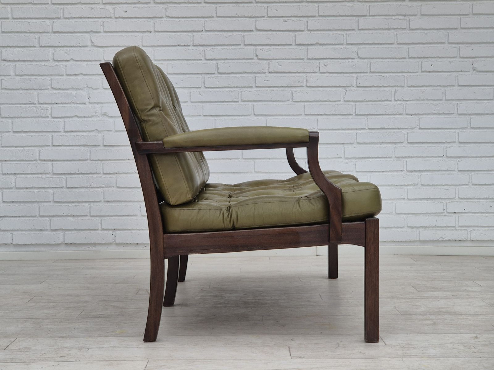1970s, Scandinavian 2 Seater Sofa In Original Condition, Green Furniture Leather, Solid Teak Wood. photo buy