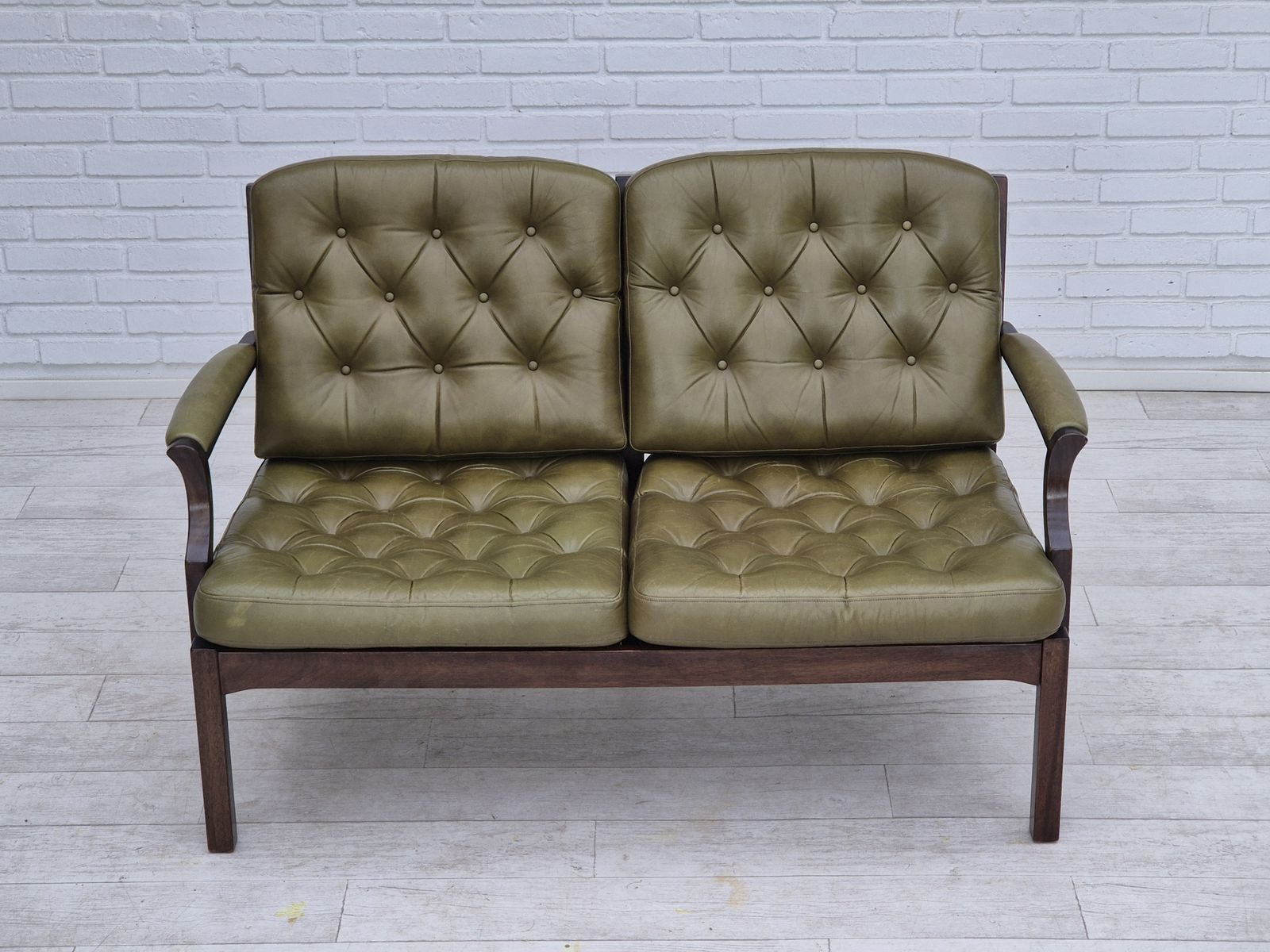 1970s, Scandinavian 2 Seater Sofa In Original Condition, Green Furniture Leather, Solid Teak Wood. photo vintage
