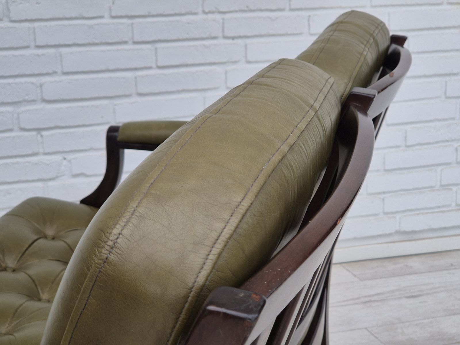 Furniture 1970s, Scandinavian 2 Seater Sofa In Original Condition, Green Furniture Leather, Solid Teak Wood. photo