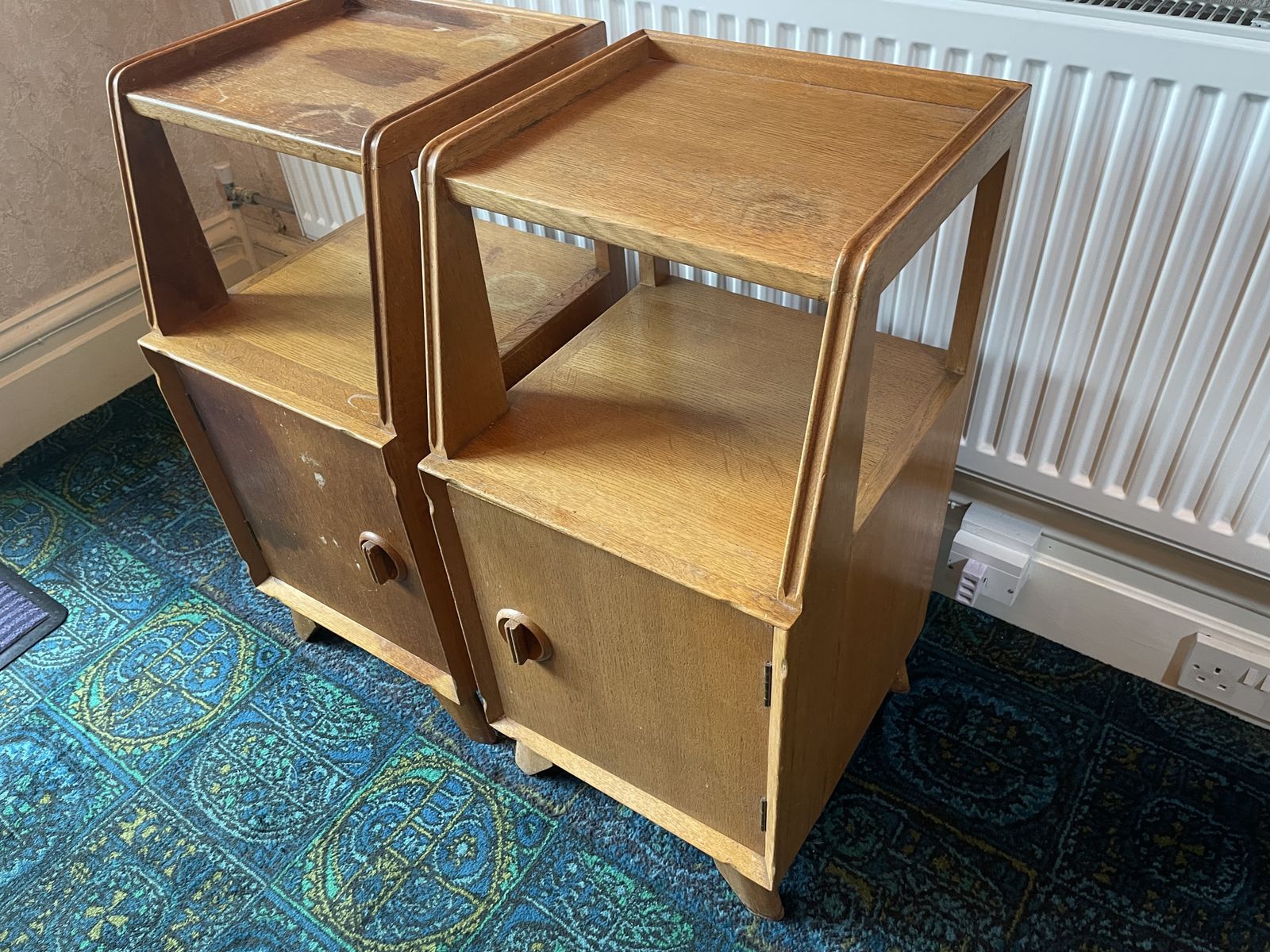Pair Of Mid Century White And Newton Oak Bedside Cabinets. photo vinterior