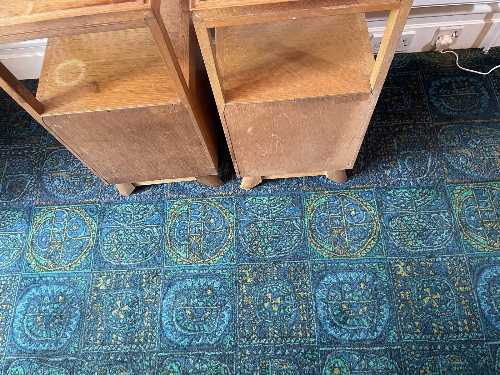 photo furniture Pair Of Mid Century White And Newton Oak Bedside Cabinets.