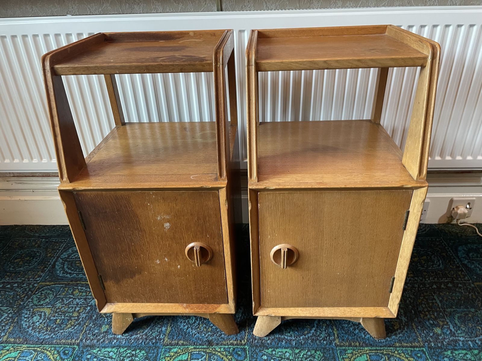 photo for sale Pair Of Mid Century White And Newton Oak Bedside Cabinets.