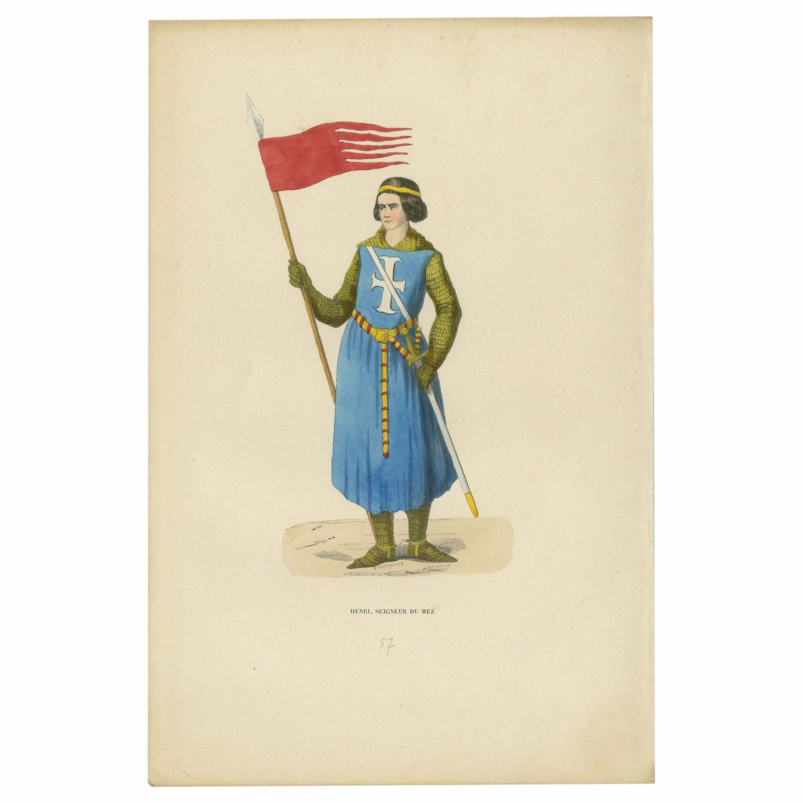Antique Engraving Of Henri, Seigneur Du Mez: The Banner Bearer 1847
