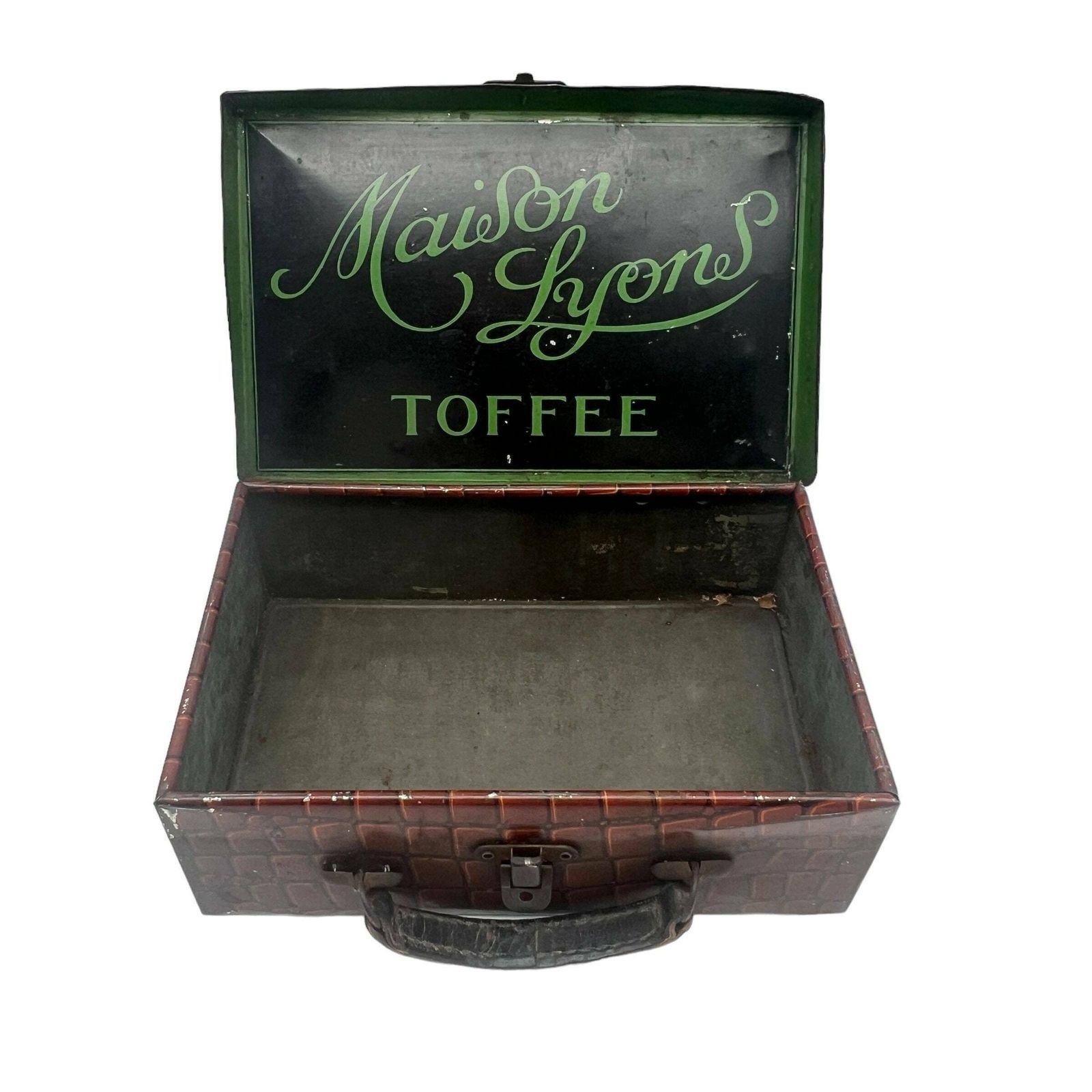 Antique Maisons Lyons Toffee Faux Crocodile Suitcase Tin   C1920   Lunch Box   Kitchenalia   Kitchen Storage