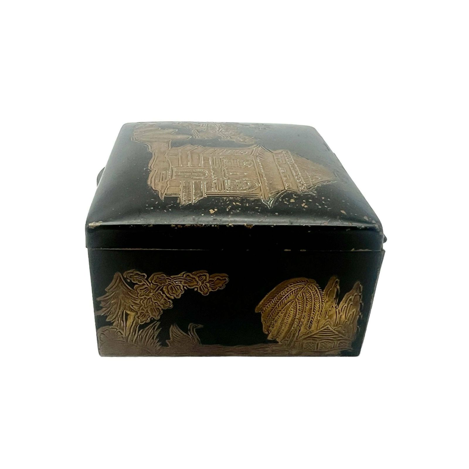 Antique Japanese Engraved Brass Cigarette Box   Pagoda   Tobacciana photo furniture