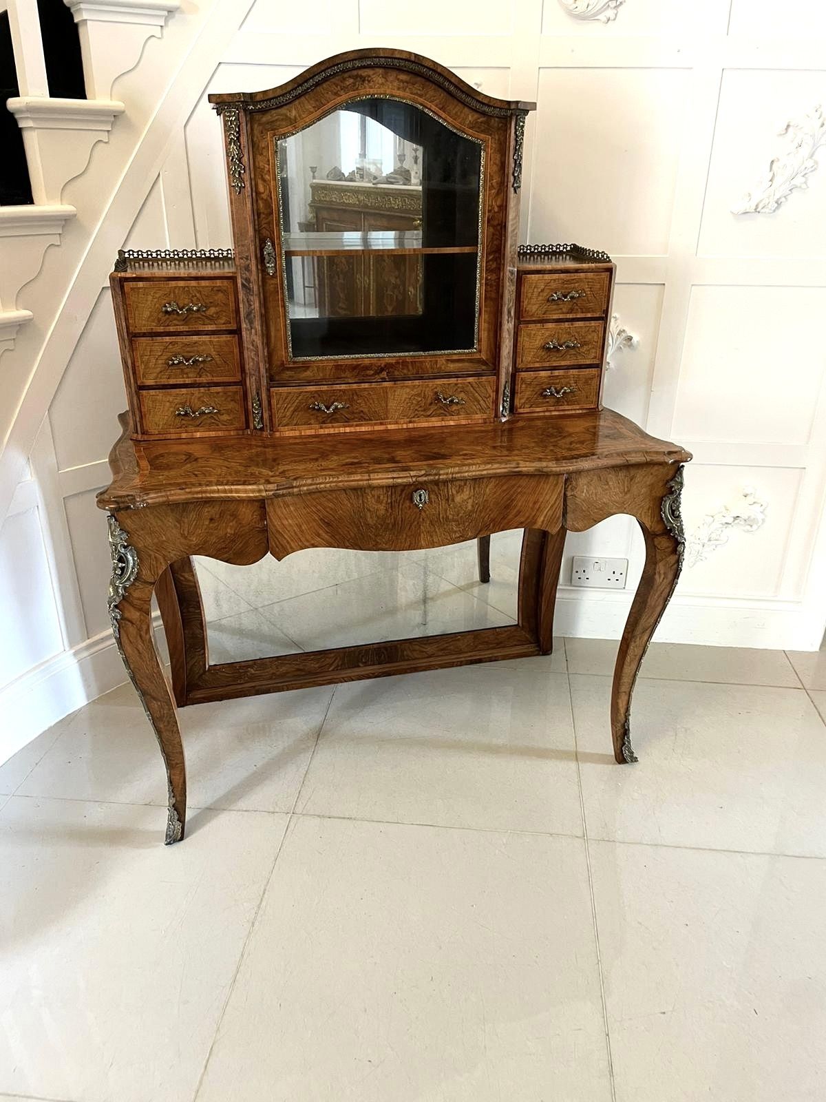 Outstanding Quality Antique 19th Century Burr Walnut Bonheur De Jour Writing Desk photo vinterior