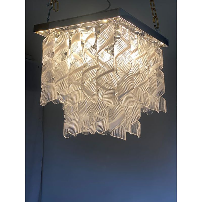 Contemporary Trasparent And White "Ricci Curles" Murano Glass In Mazzega Style Squared Flush Mount photo for sale