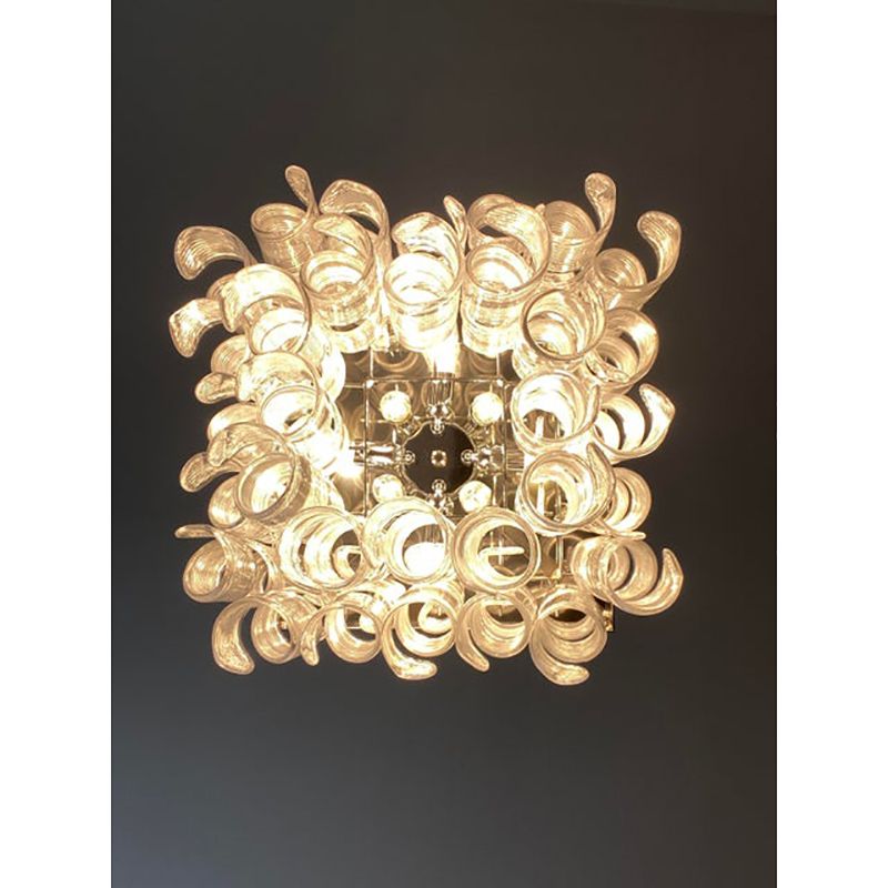 Contemporary Trasparent And White "Ricci Curles" Murano Glass In Mazzega Style Squared Flush Mount photo 3800.0