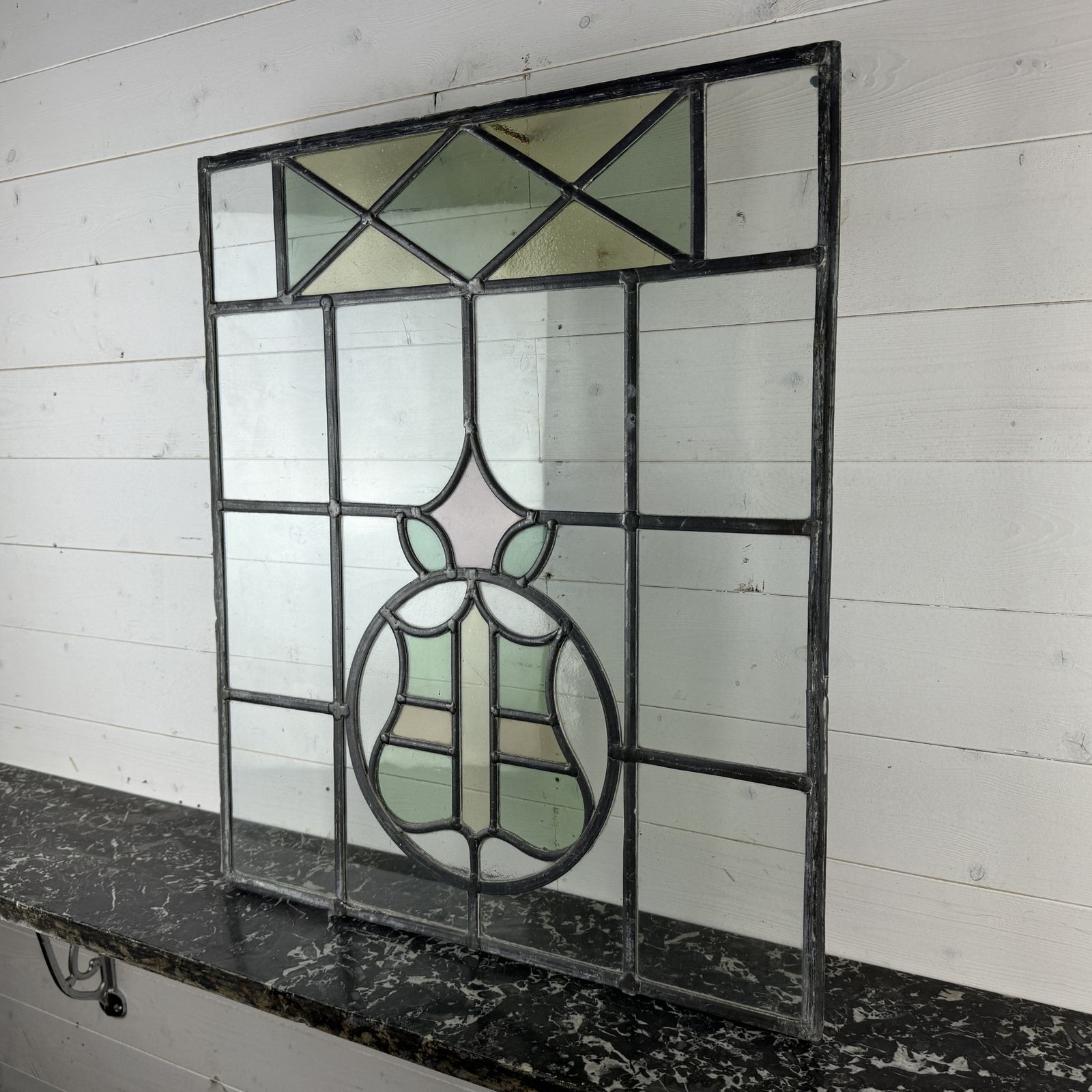 Antique Leaded Light Stained Glass Window With Shield Design photo furniture