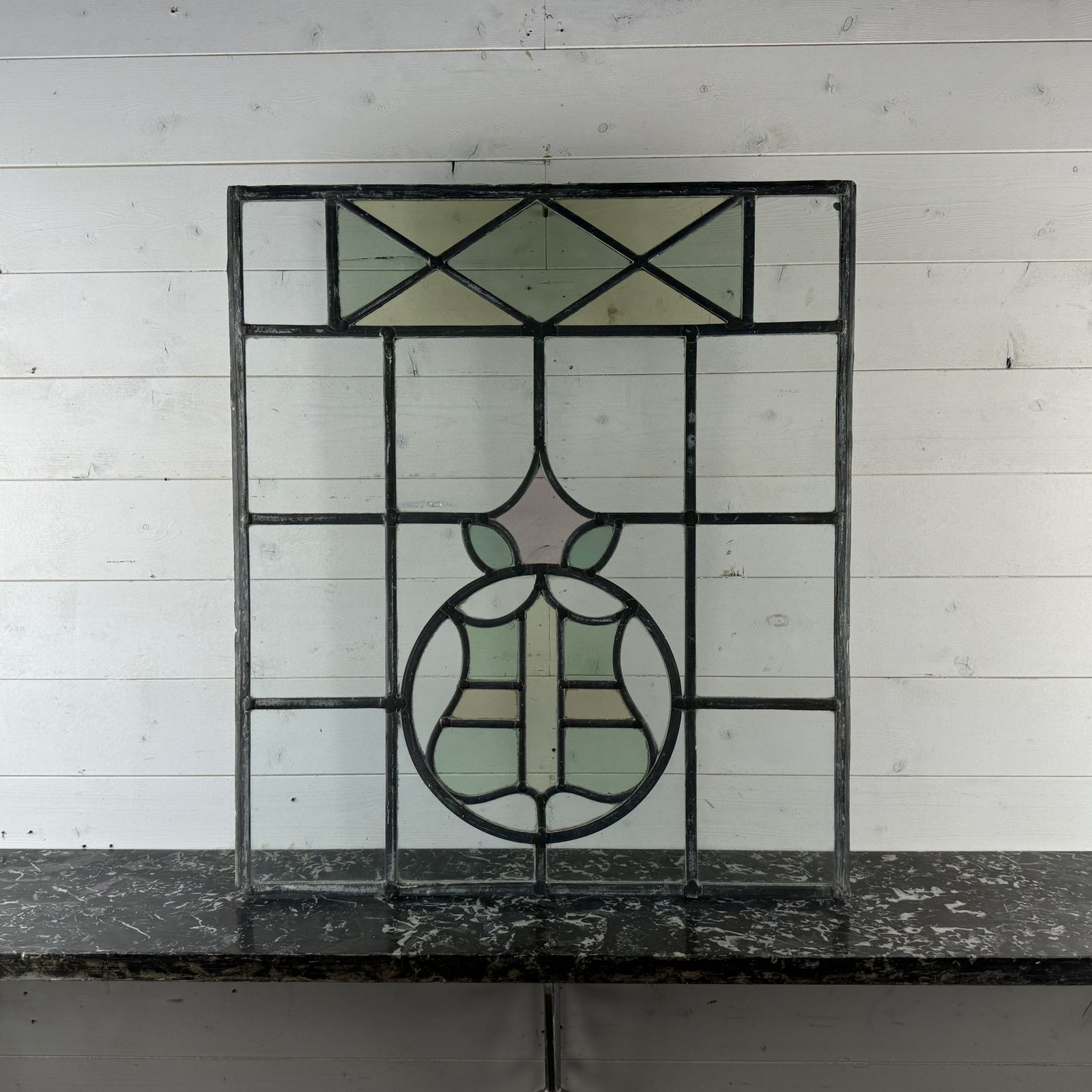 Antique Leaded Light Stained Glass Window With Shield Design photo vinterior