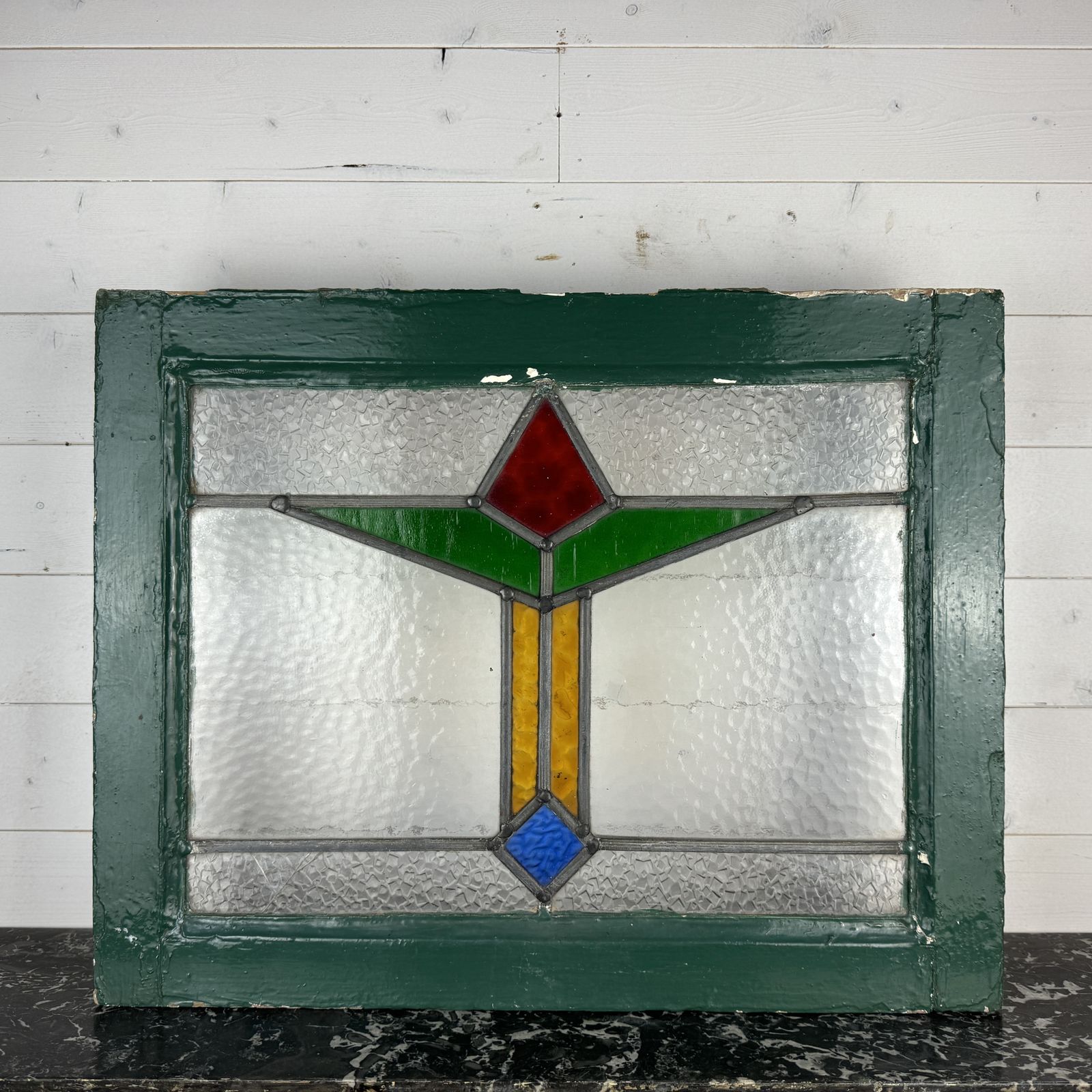 1930s Deco Stained Glass Leaded Light In Frame