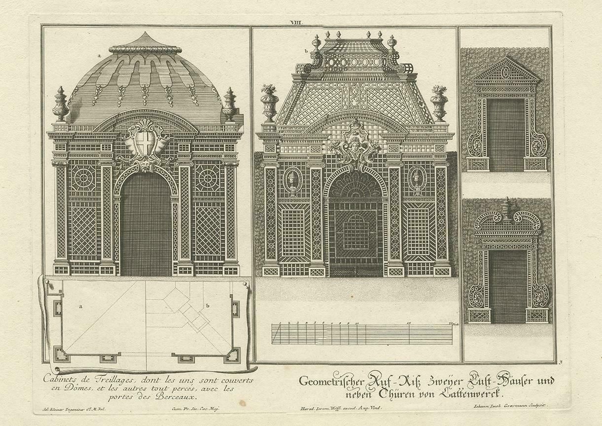 Antique Print Of Two Pavilions And Gates By Wolff '1737' photo for sale