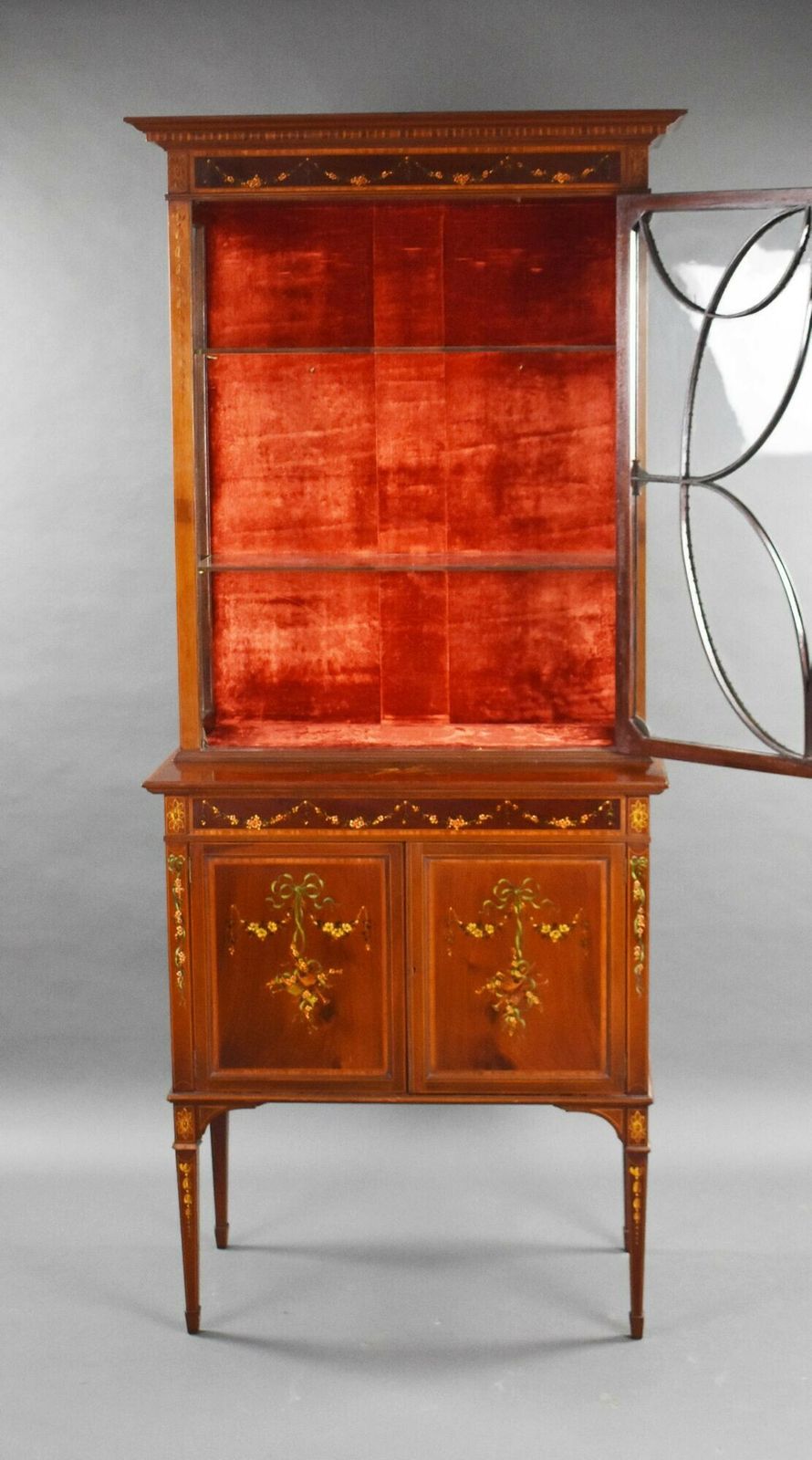 photo for sale Edwardian Mahogany Satinwood Hand Painted Display Cabinet