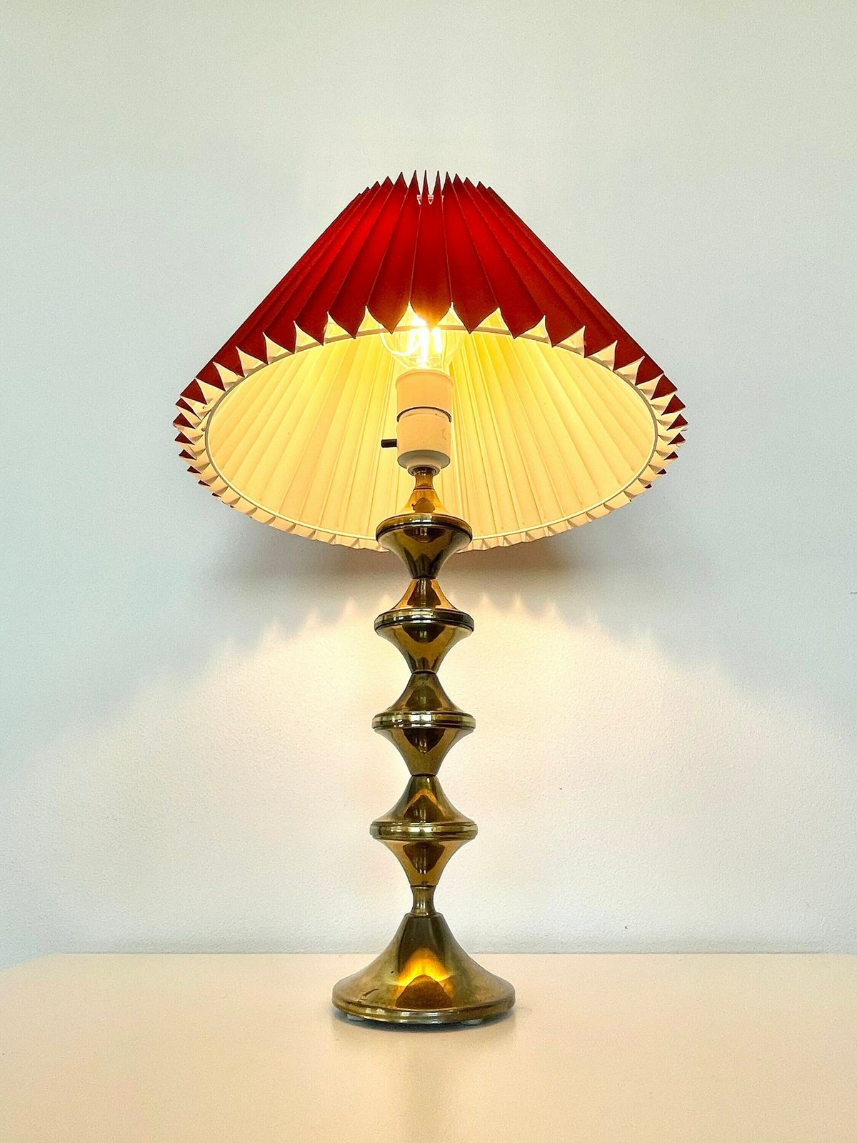 Danish Mid Century Vintage Table Lamp In Brass With Organic Shapes, Beautiful Base And Beautiful Deep Red Fabric Pleated Shade photo for sale
