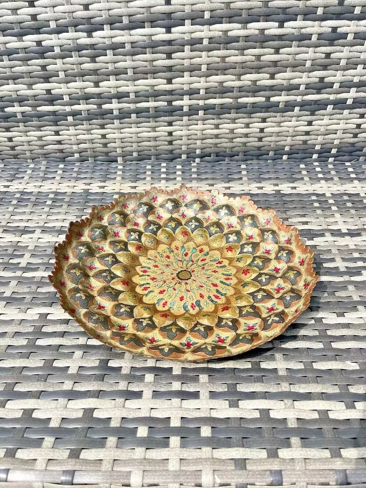 Vintage Indian Copper Floral Wall Plaque Plate Dish Multicoloured Boho Bohemian photo for sale