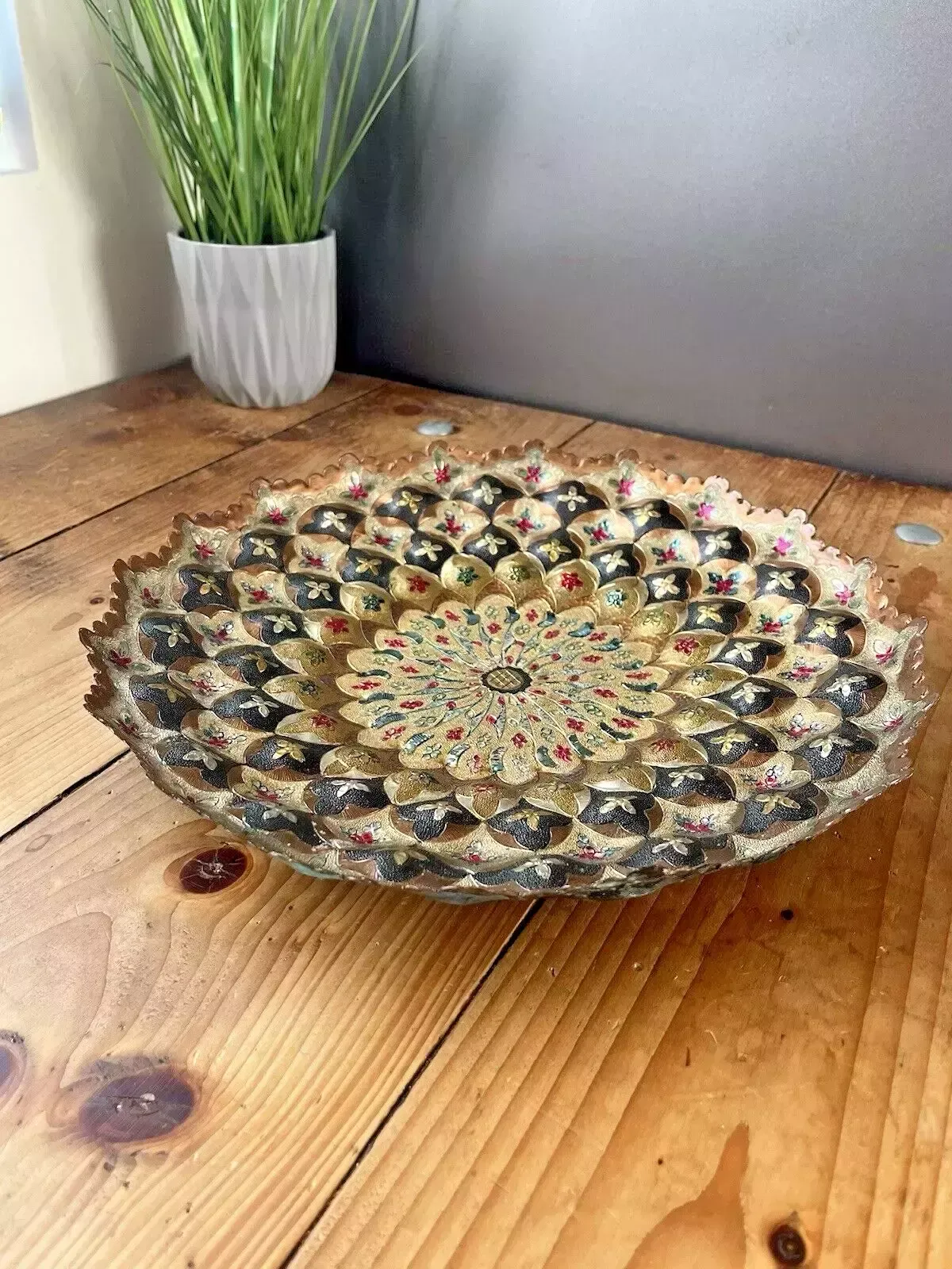 Vintage Indian Copper Floral Wall Plaque Plate Dish Multicoloured Boho Bohemian photo buy