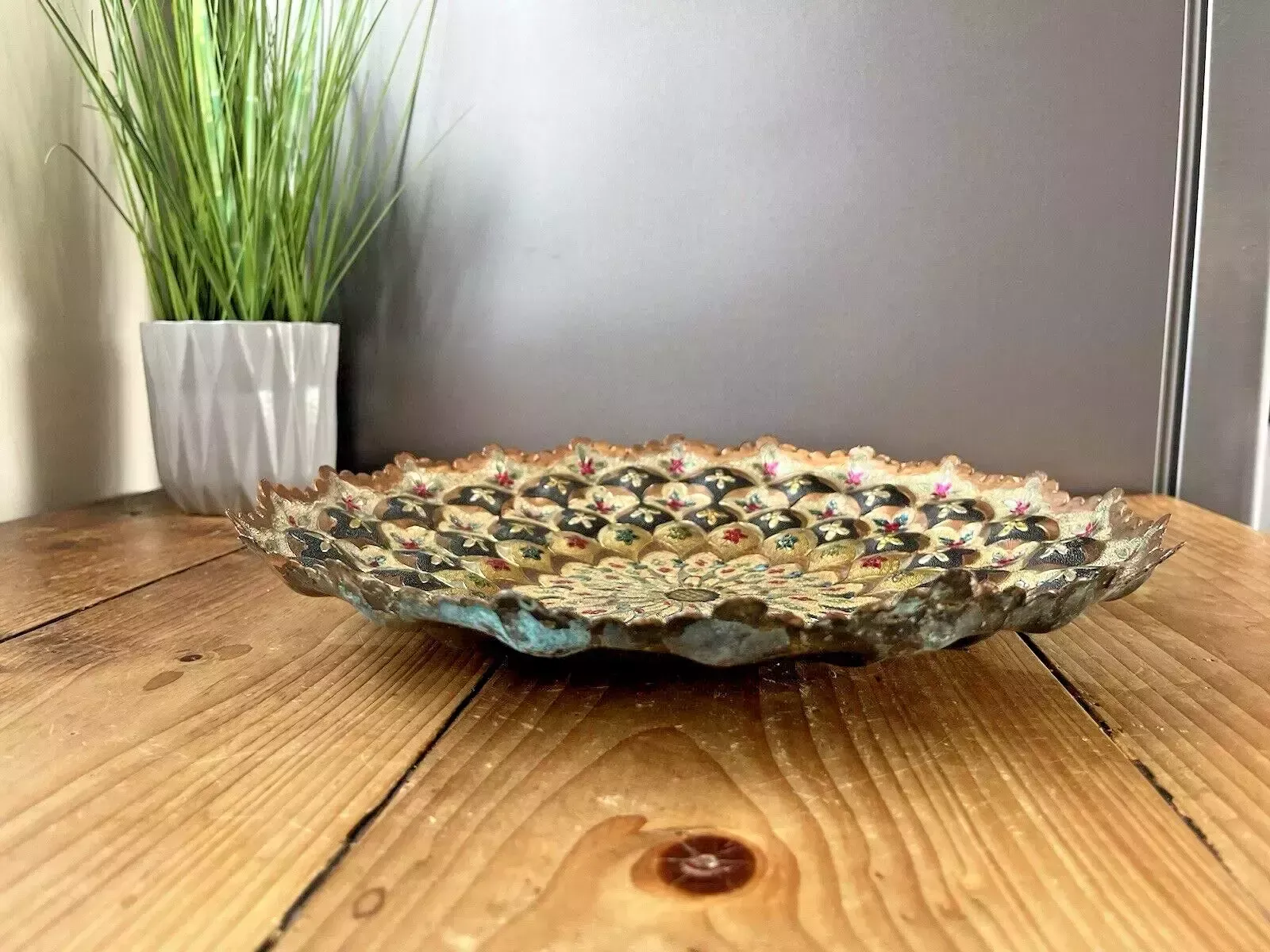 Vintage Indian Copper Floral Wall Plaque Plate Dish Multicoloured Boho Bohemian photo vintage