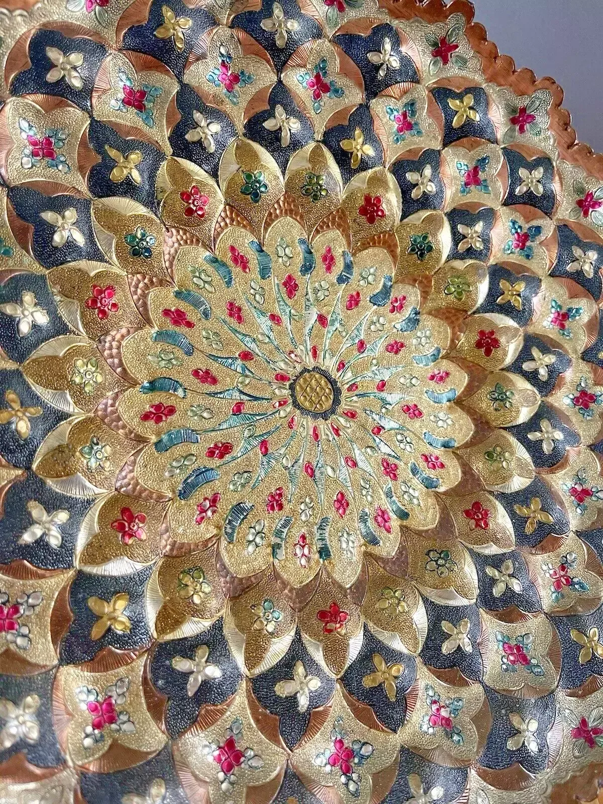 photo for sale Vintage Indian Copper Floral Wall Plaque Plate Dish Multicoloured Boho Bohemian