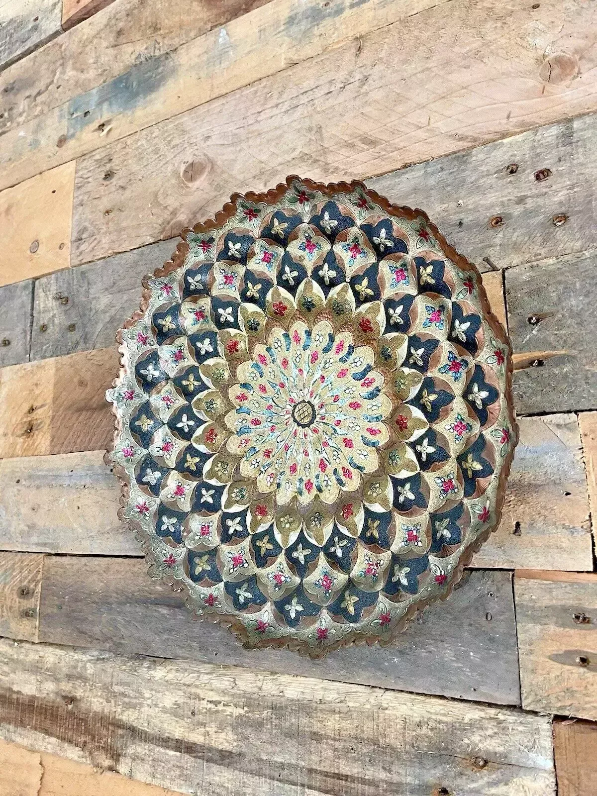 75.0 Vintage Indian Copper Floral Wall Plaque Plate Dish Multicoloured Boho Bohemian photo