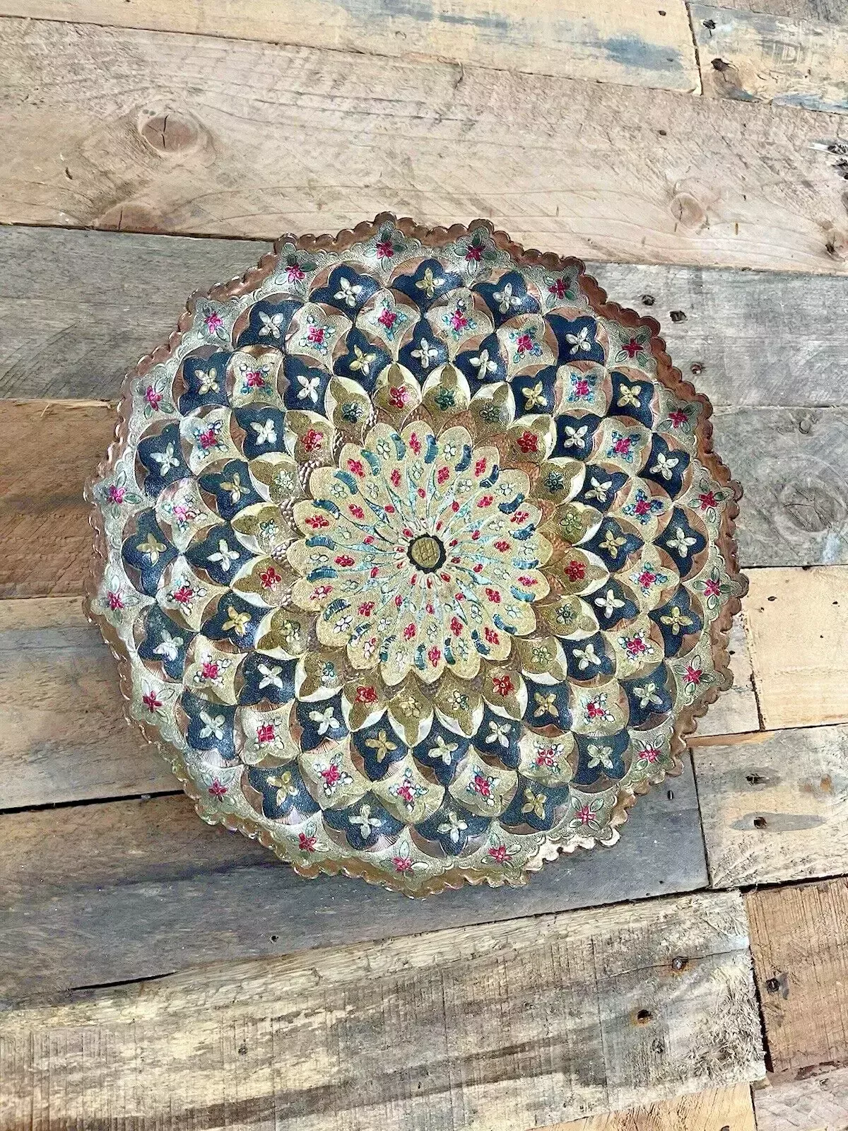 photo buy Vintage Indian Copper Floral Wall Plaque Plate Dish Multicoloured Boho Bohemian
